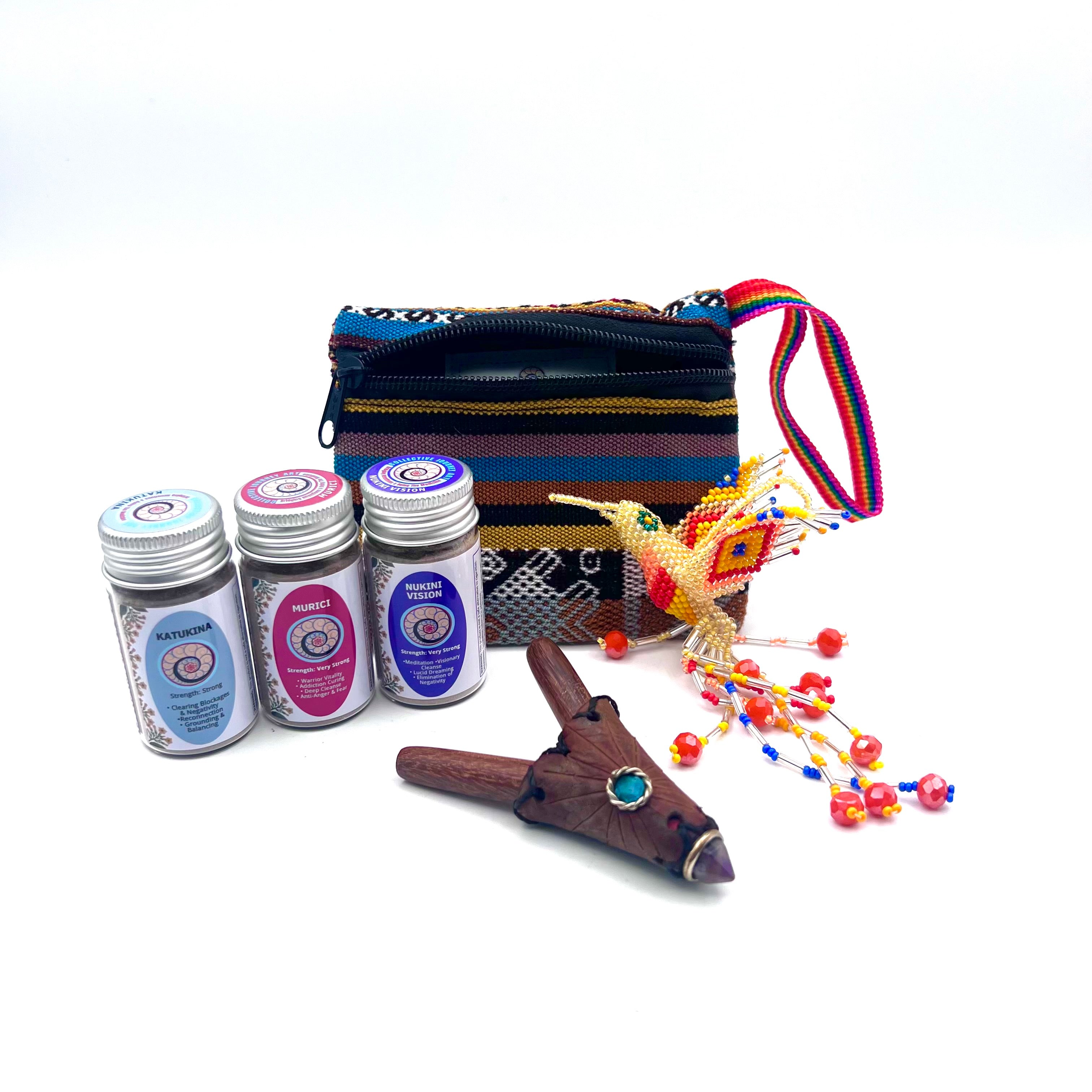 Medium Hapé Bundle by Collective Journey Art — three medium Amazonian hapé jars (Katukina, Murici, Nukini Vision) arranged with a handcrafted wooden kuripe, woven artisan pouch, and colorful beaded hummingbird charm on a white background, representing sacred ceremony and connection.