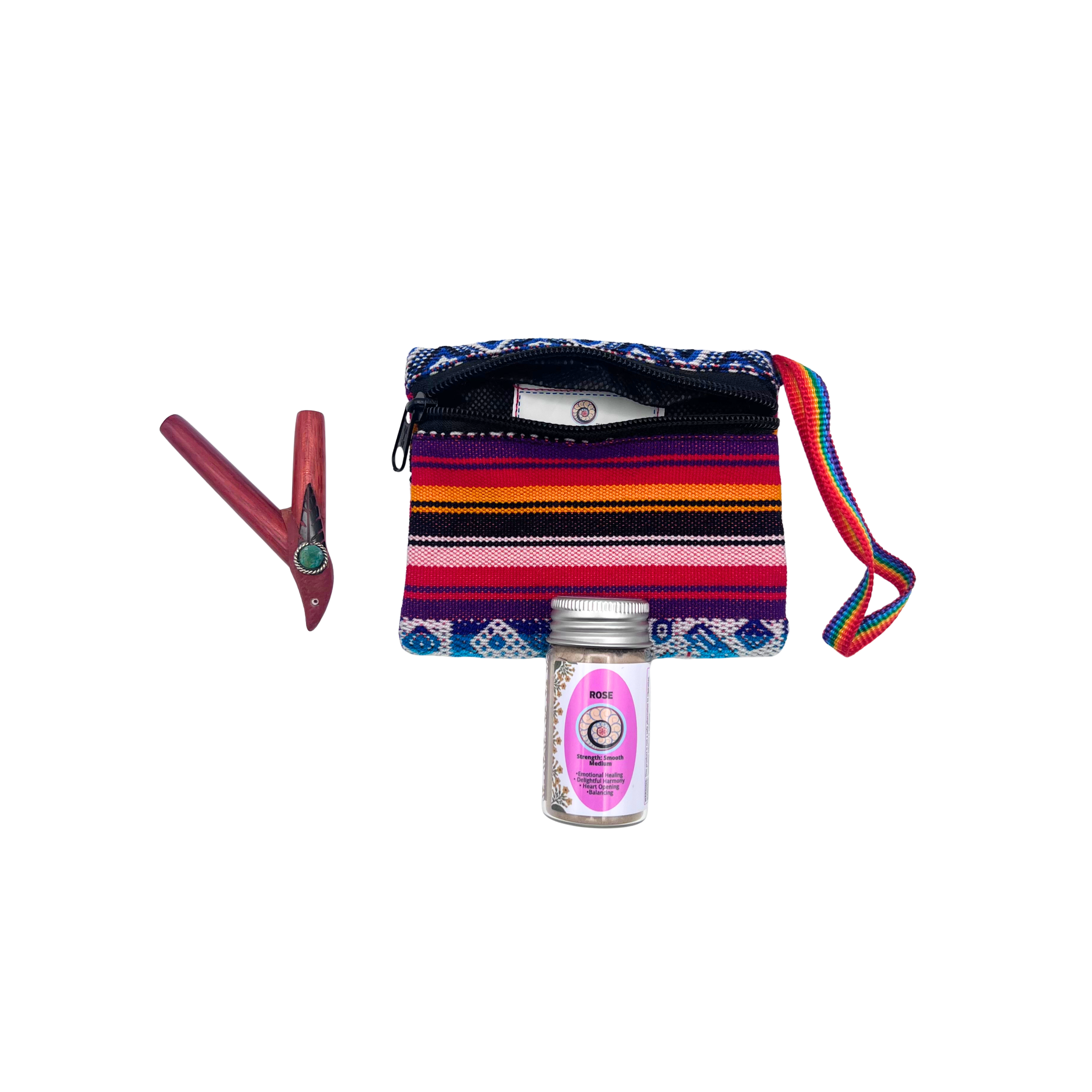 Medium (16g) Hapé Bundle by Collective Journey Art — includes one medium Rose hapé jar, a handcrafted wooden kuripe with green stone inlay, and a pink-and-purple woven artisan pouch with rainbow strap on a white background, symbolizing heart healing, softness, and feminine medicine.