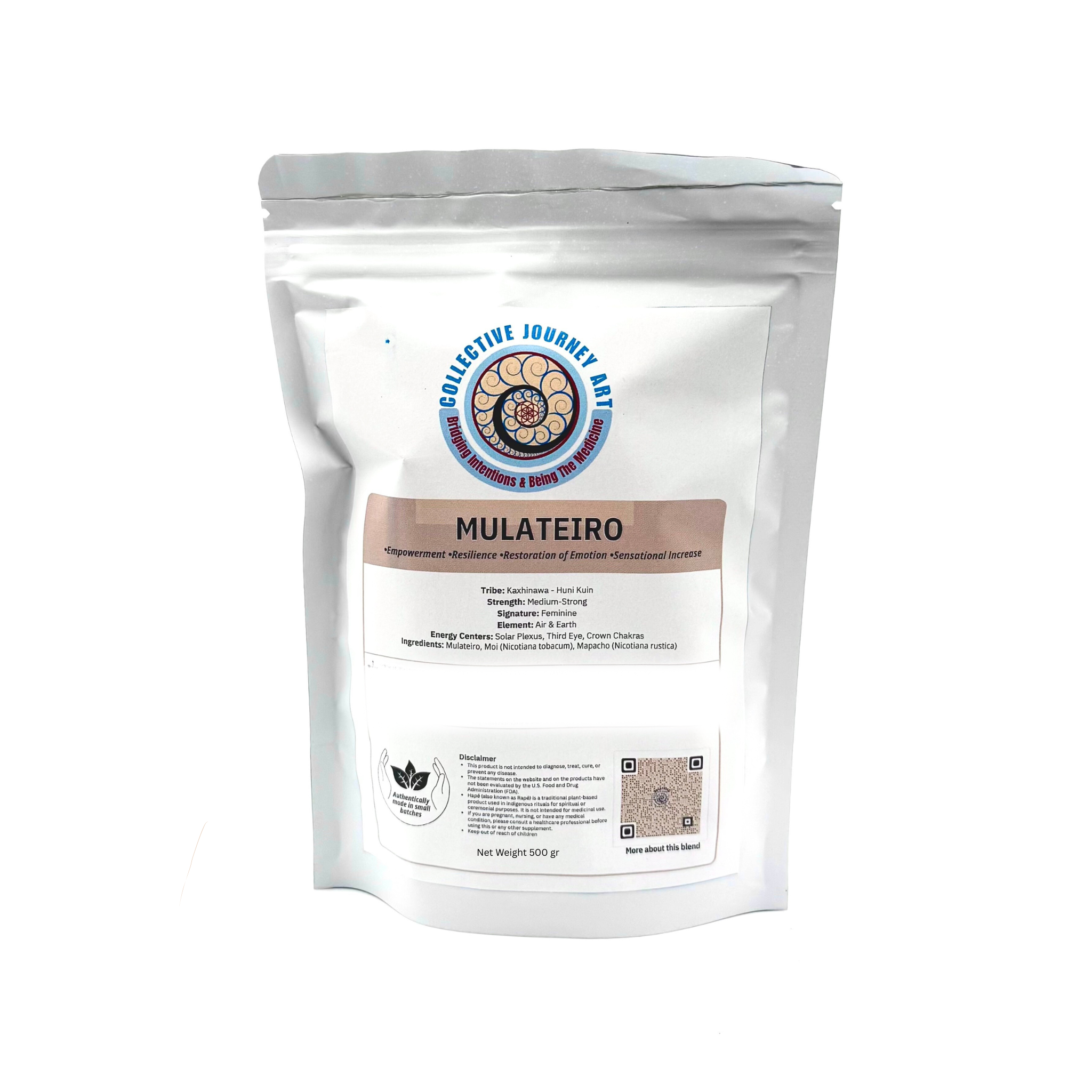 Bulk bag of Mulatiero Hapé Medicine — white vacuum-sealed poly bag for empowerment and resilience.