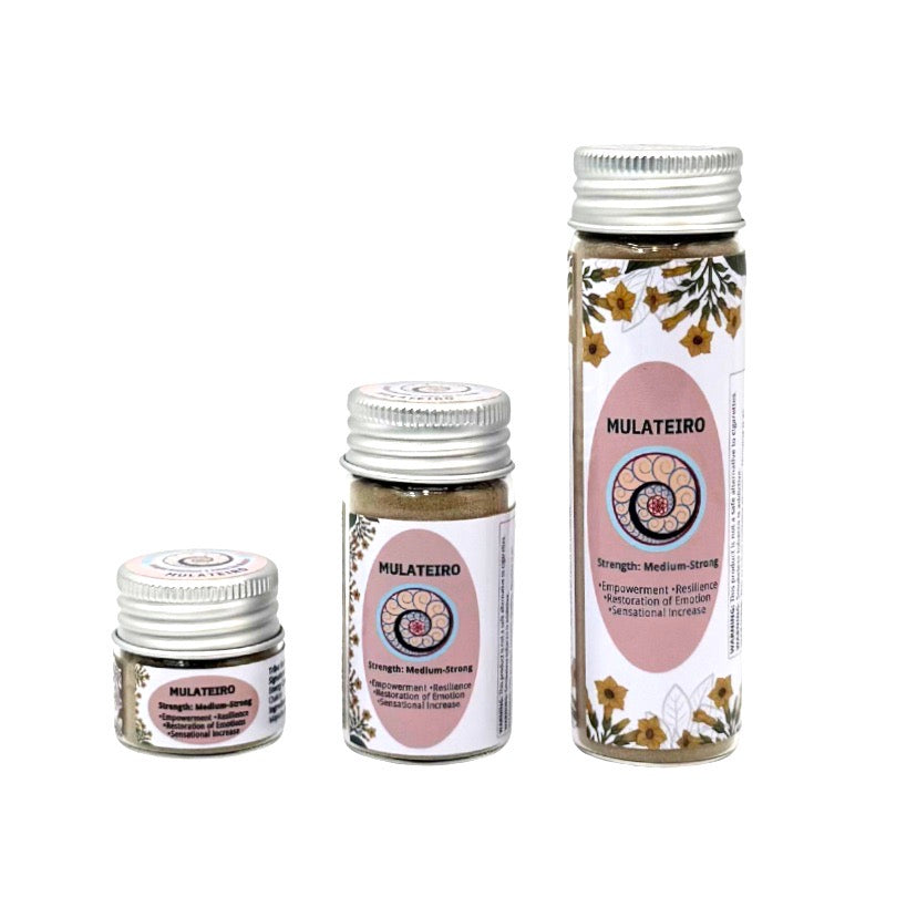 Three Hapé Mulateiro Rapé; Sacred Amazonian rappeh in Small (6g), Medium (16g), and Large (32g) sizes.