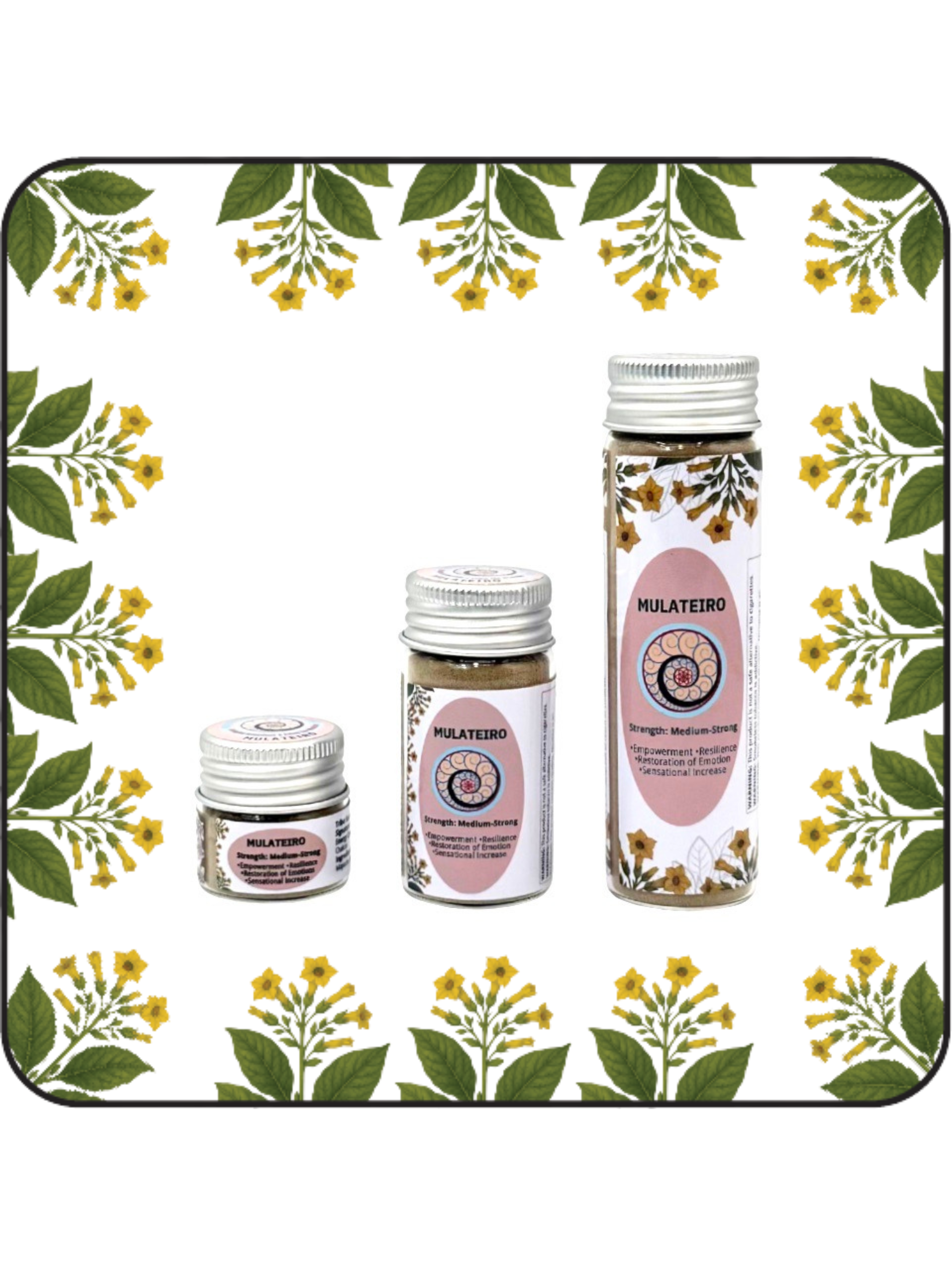 Three Hapé Mulateiro Rapé; Sacred Amazonian rappeh in Small (6g), Medium (16g), and Large (32g) sizes.