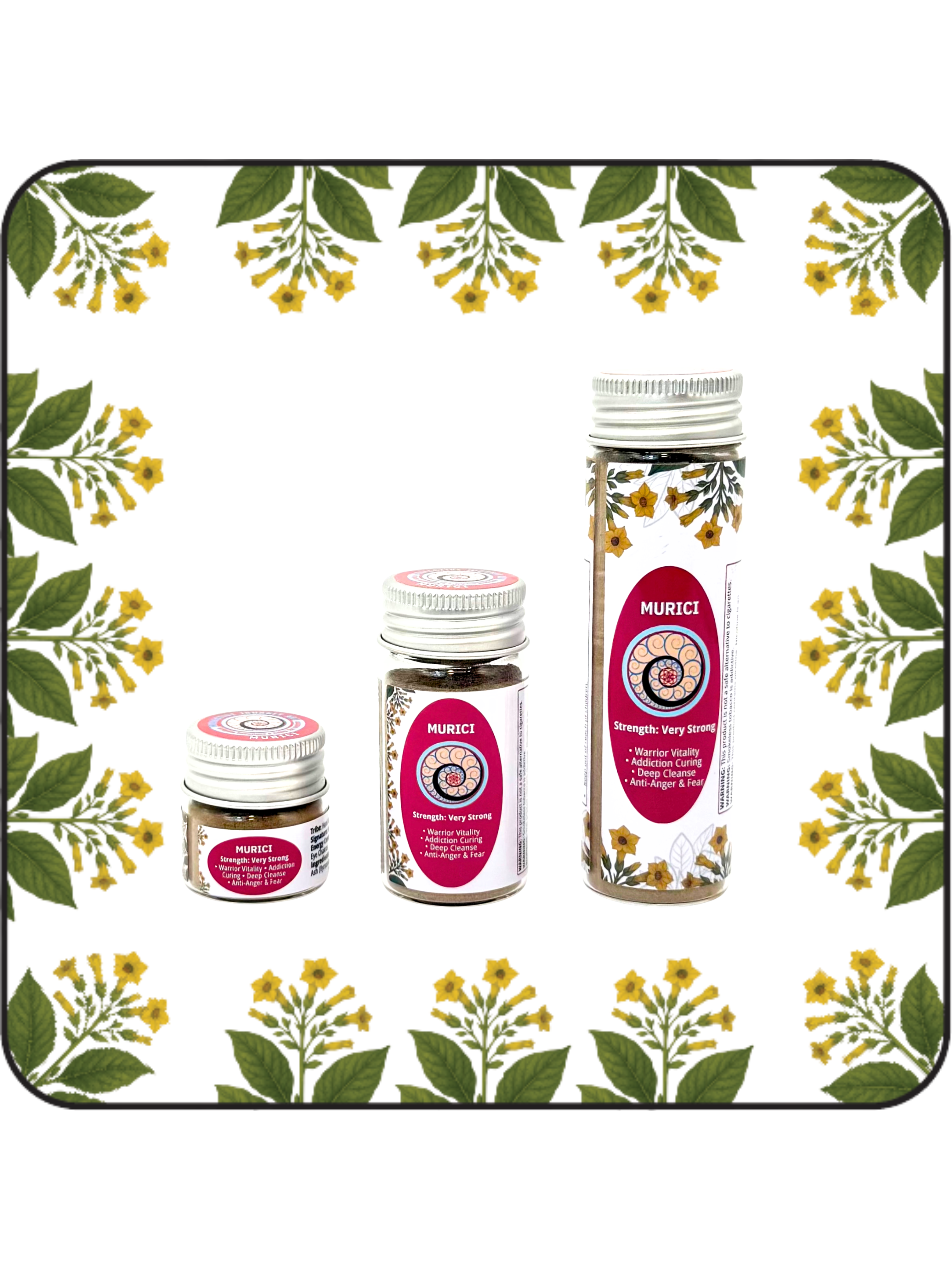 Three jars of Murici Hapé or rapé in Small (6g), Medium (16g), and Large (32g) sizes. 