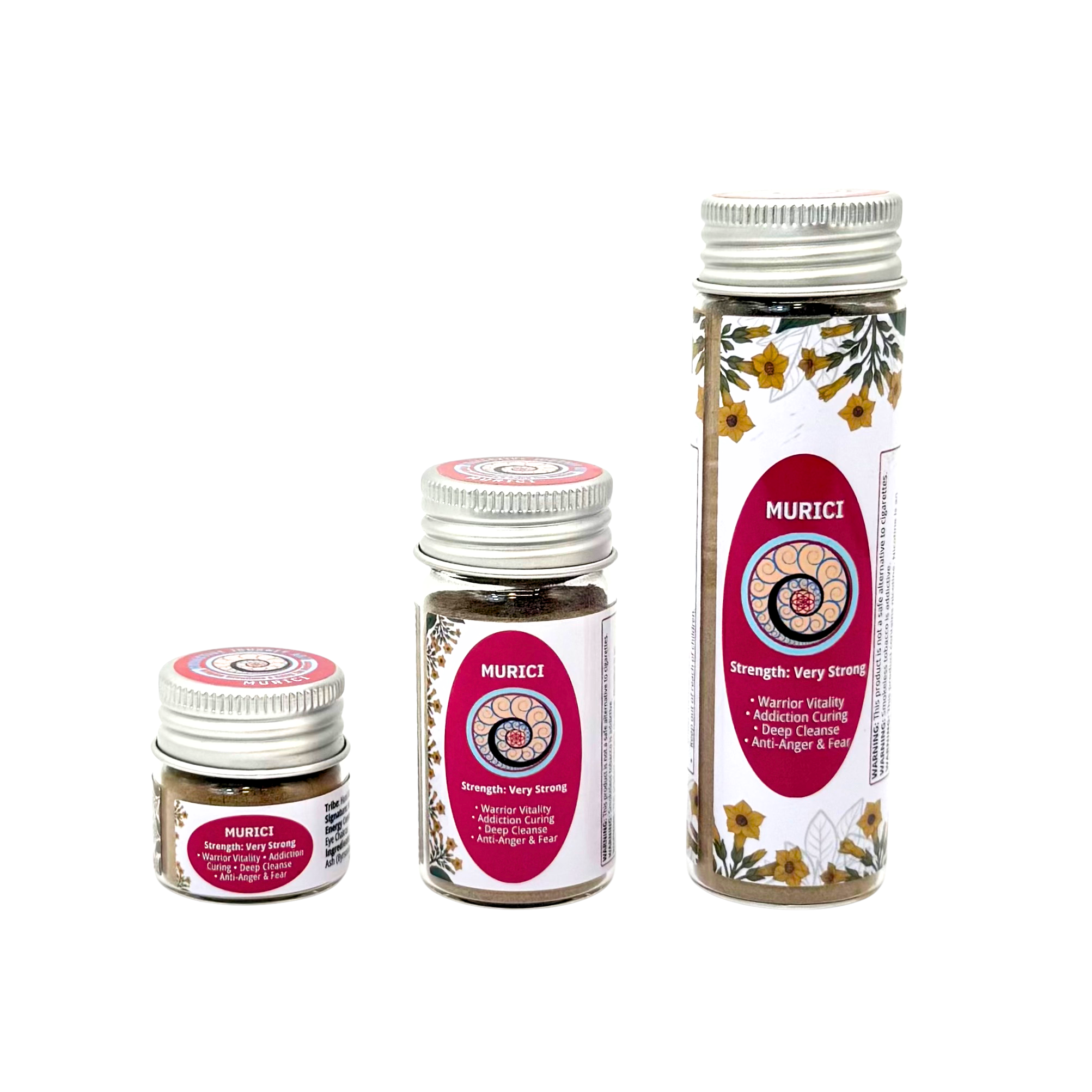 Three jars of Murici Hapé or rapé in Small (6g), Medium (16g), and Large (32g) sizes. 