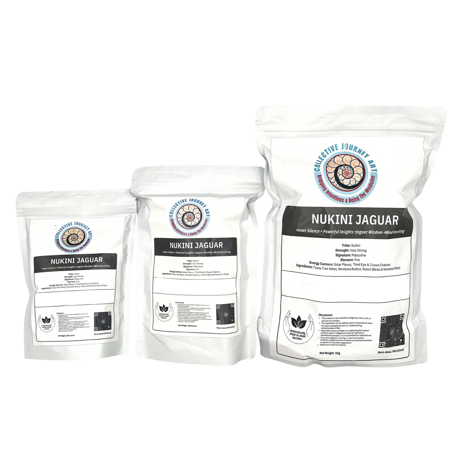 Three sizes of bulk Nukini Jaguar Hapé Medicine in vacuum sealed poly bags.