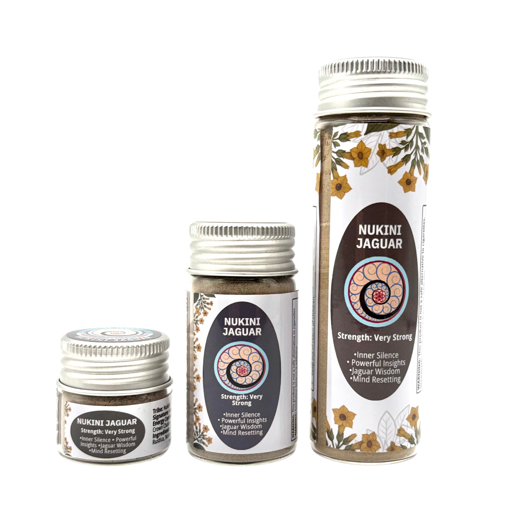 Three jars of Nukini Jaguar Hapé in Small (6g), Medium (16g), and Large (32g) sizes  strong blend handcrafted by the Nukini Tribe.