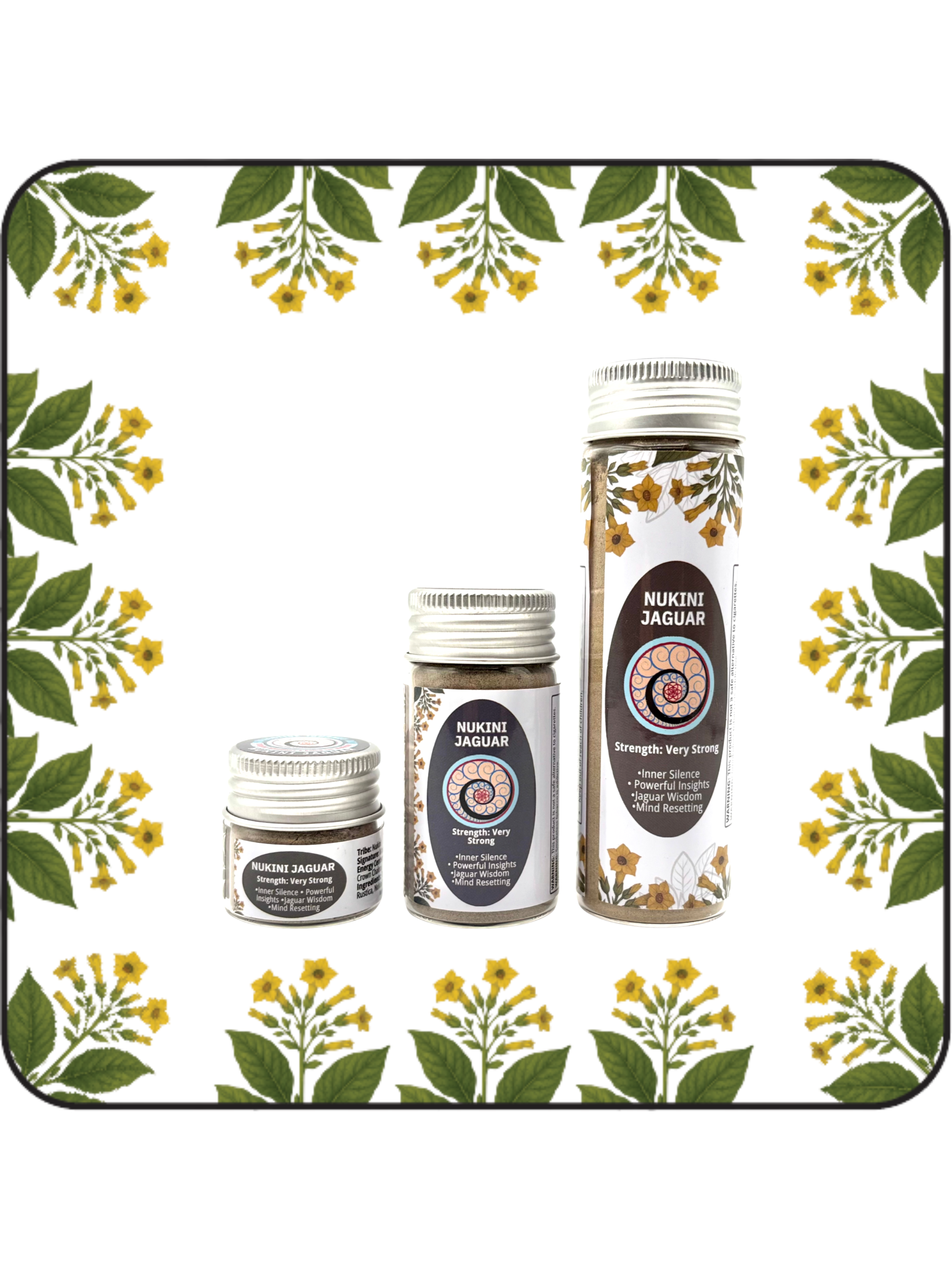 Three jars of Nukini Jaguar Hapé in Small (6g), Medium (16g), and Large (32g) sizes  strong blend handcrafted by the Nukini Tribe.