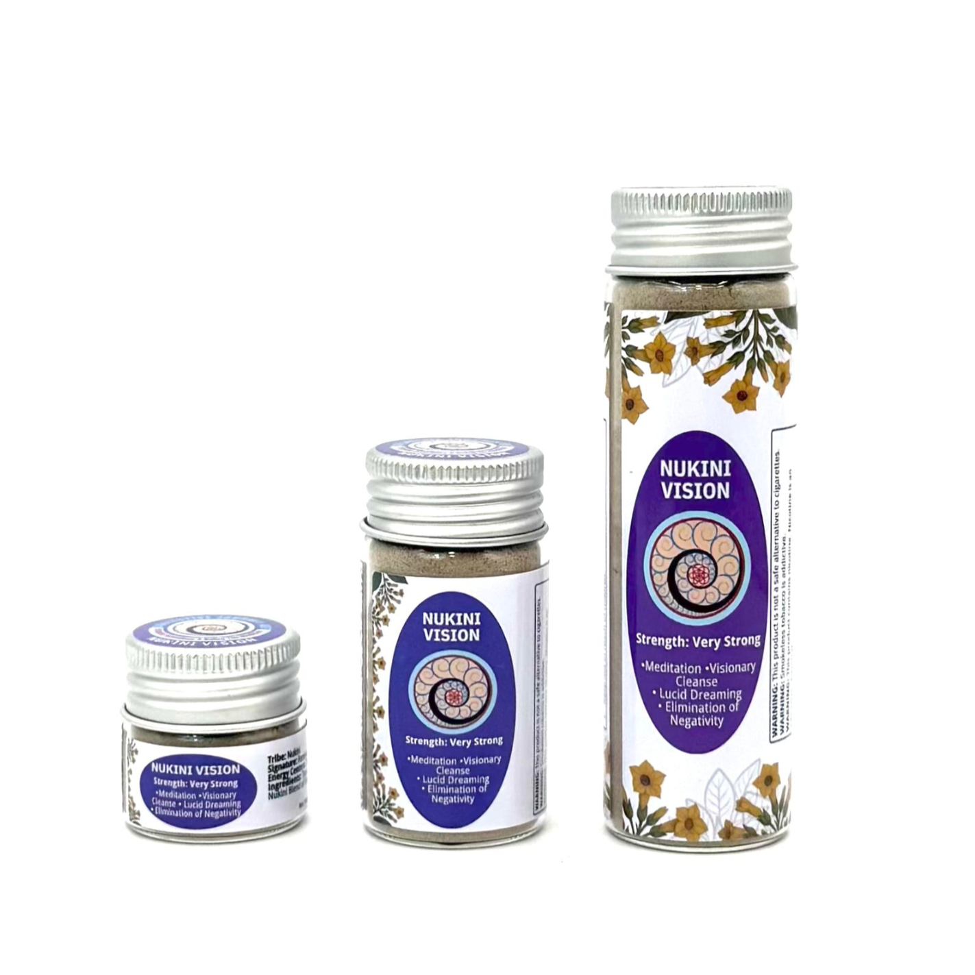Three jars of Nukini Vision Hapé in Small (6g), Medium (16g), and Large (32g) sizes for clarity, cleansing, and lucid dreaming.