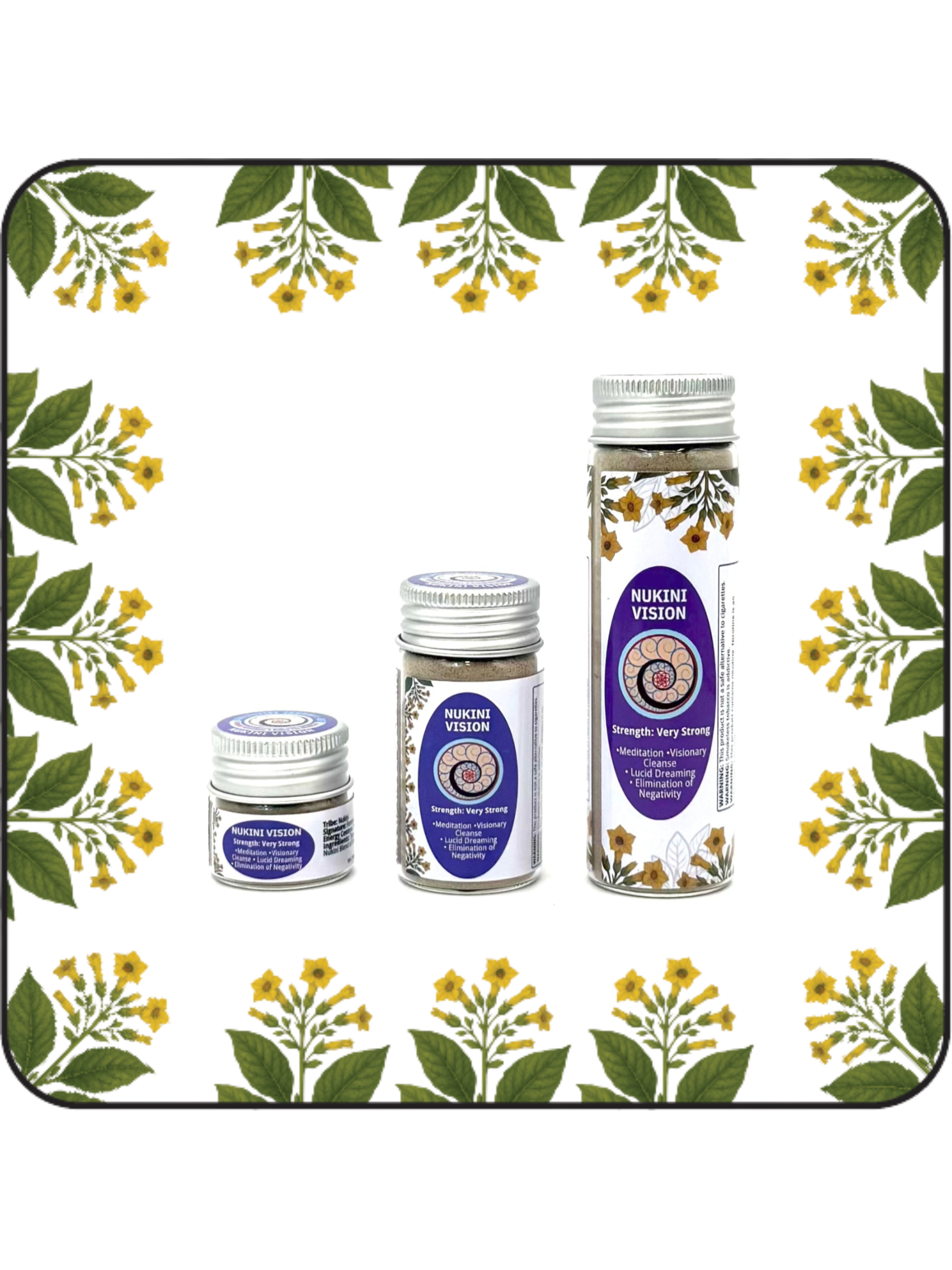 Three jars of Nukini Vision Hapé in Small (6g), Medium (16g), and Large (32g) sizes for clarity, cleansing, and lucid dreaming.