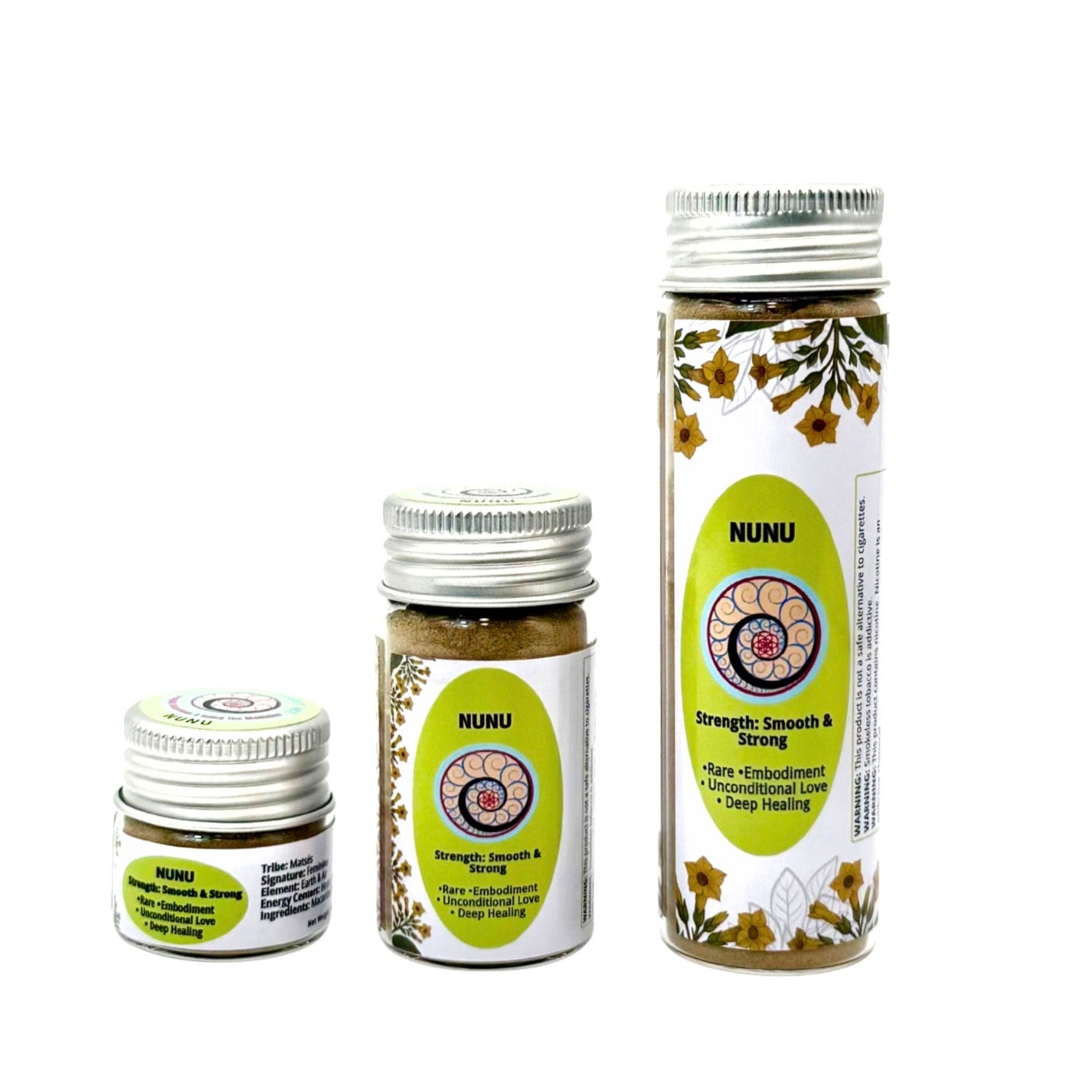 Three jars of Nunu Hapé-Rapé in Small (6g), Medium (16g), and Large (32g) sizes for Unconditonal Love and Deep Healing