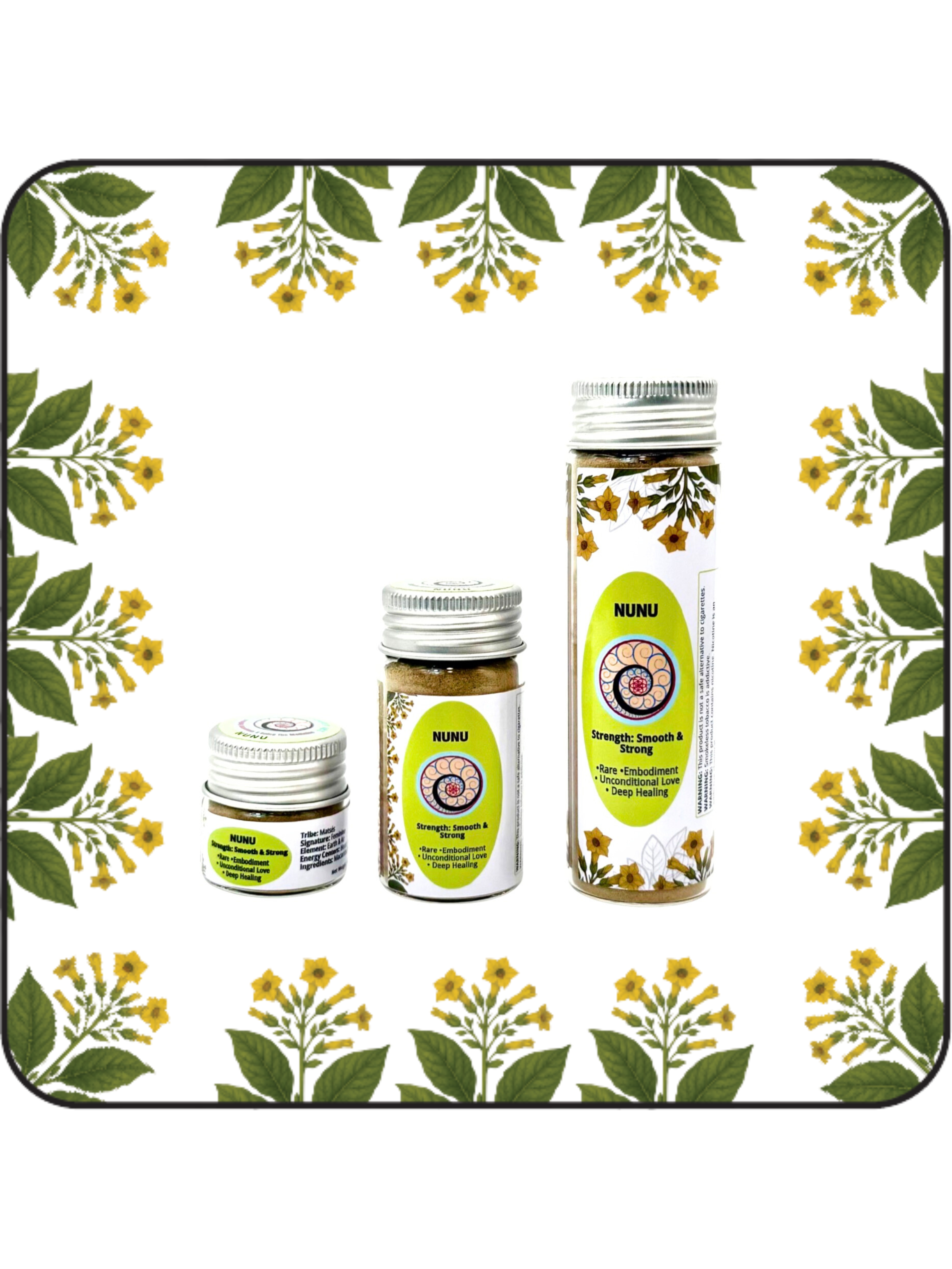 Three jars of Nunu Hapé-Rapé in Small (6g), Medium (16g), and Large (32g) sizes for Unconditonal Love and Deep Healing.