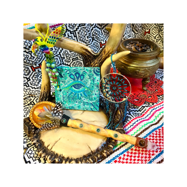 Ceremonial Palo Santo maracas displayed with ritual objects, crystals, and traditional Peruvian-Shipibo textiles in a sacred ceremonial arrangement.