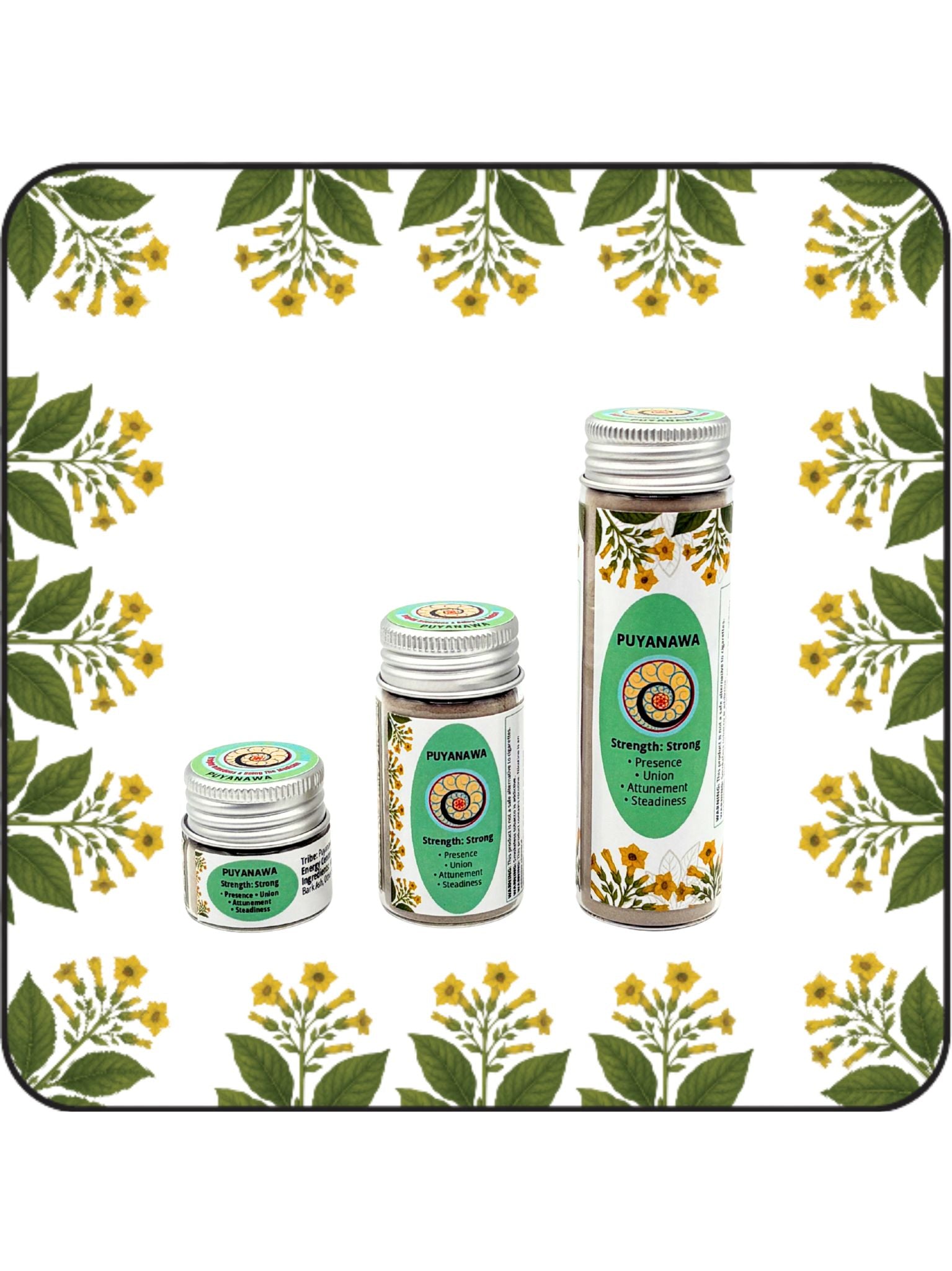 Three sizes of Puyanawa Hapé shown together: small jar, medium bottle, and large bottle on a white background with yellow flowering botanical border.