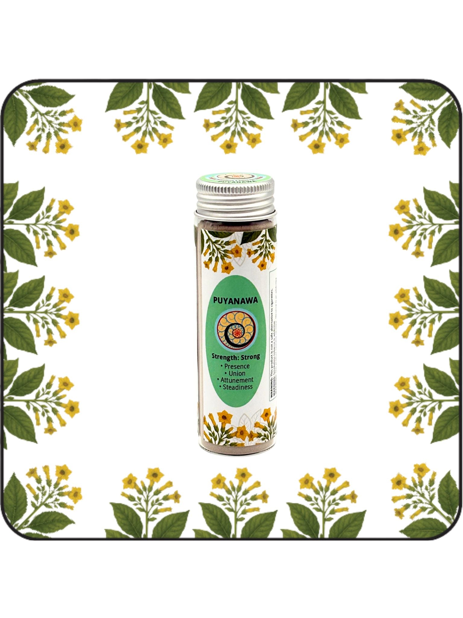 Puyanawa Hapé large bottle with green label on a white background with yellow flowering botanical border