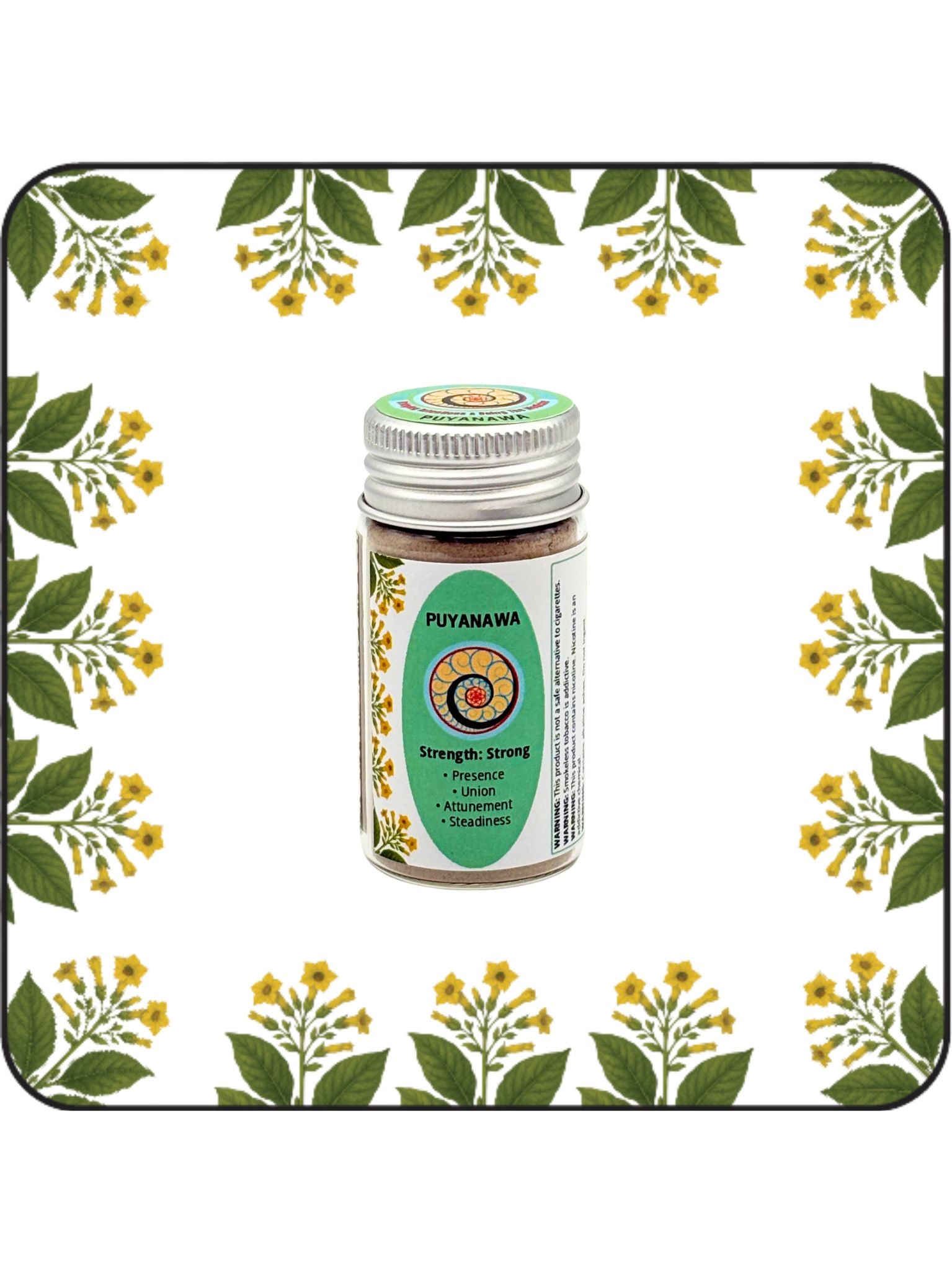 Puyanawa Hapé medium bottle with green label on a white background with yellow flowering botanical border