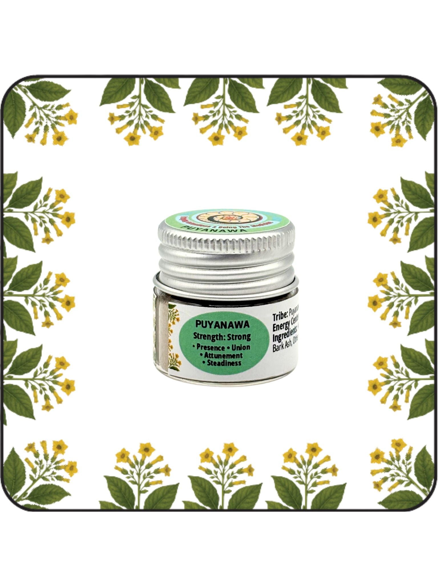Puyanawa Hapé small jar with green label on a white background with yellow flowering botanical border