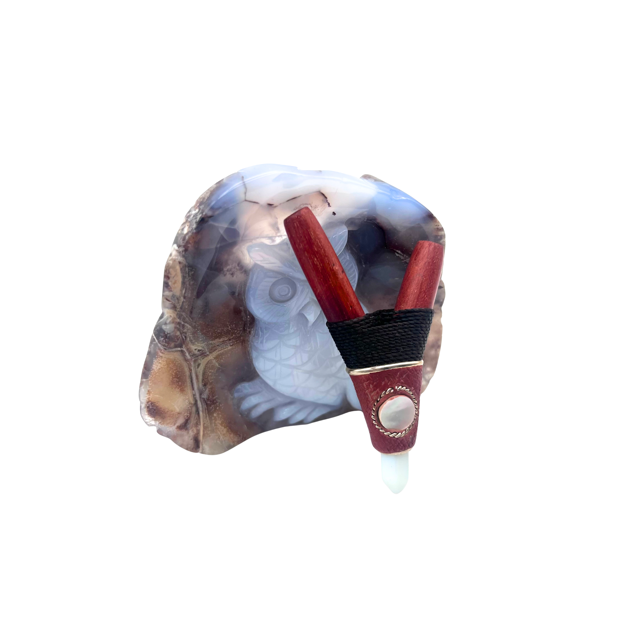 Red Rocket Kuripe handcrafted from Amazonian Redwood with a Moonstone gemstone. A sacred applicator for grounding, clarity, and ceremony.