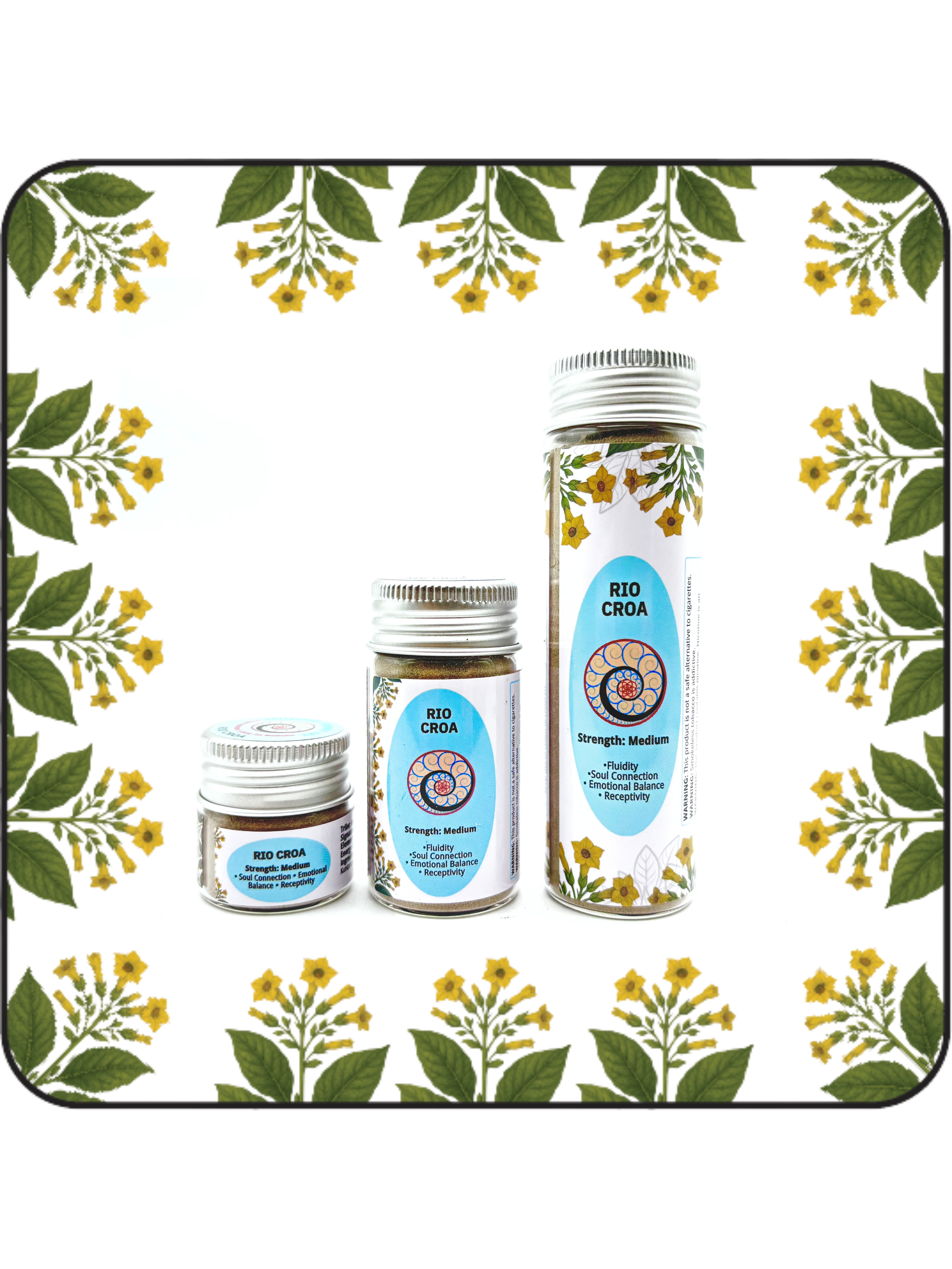 Three bottles of Rio Croa Hapé, Sacred Amazonian Hape in Small (6g), Medium (16g), and Large (32g) sizes for Emotional Balance.