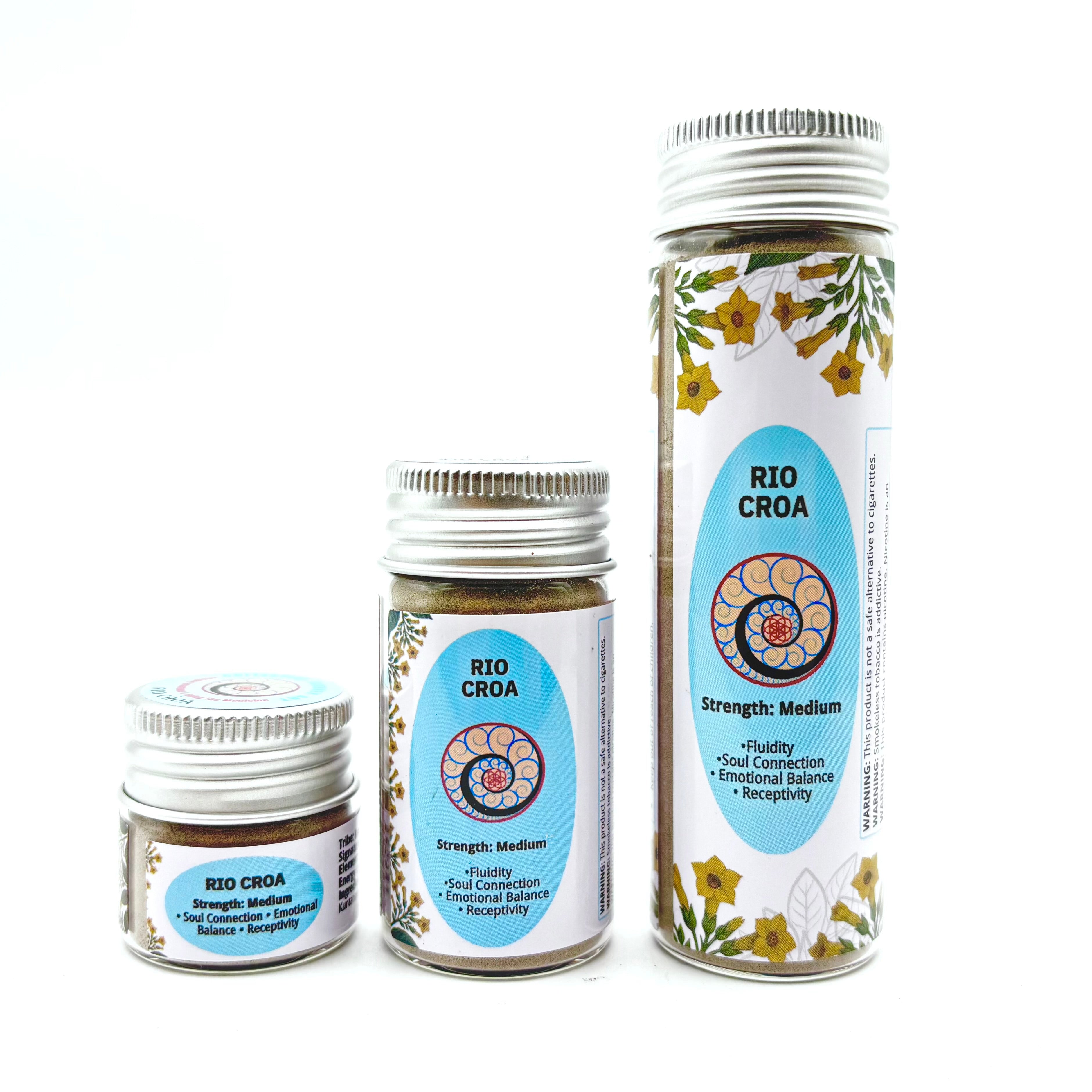 Three jars of Rio Croa Hapé, Sacred Amazonian Hape in Small (6g), Medium (16g), and Large (32g) sizes for Emotional Balance.