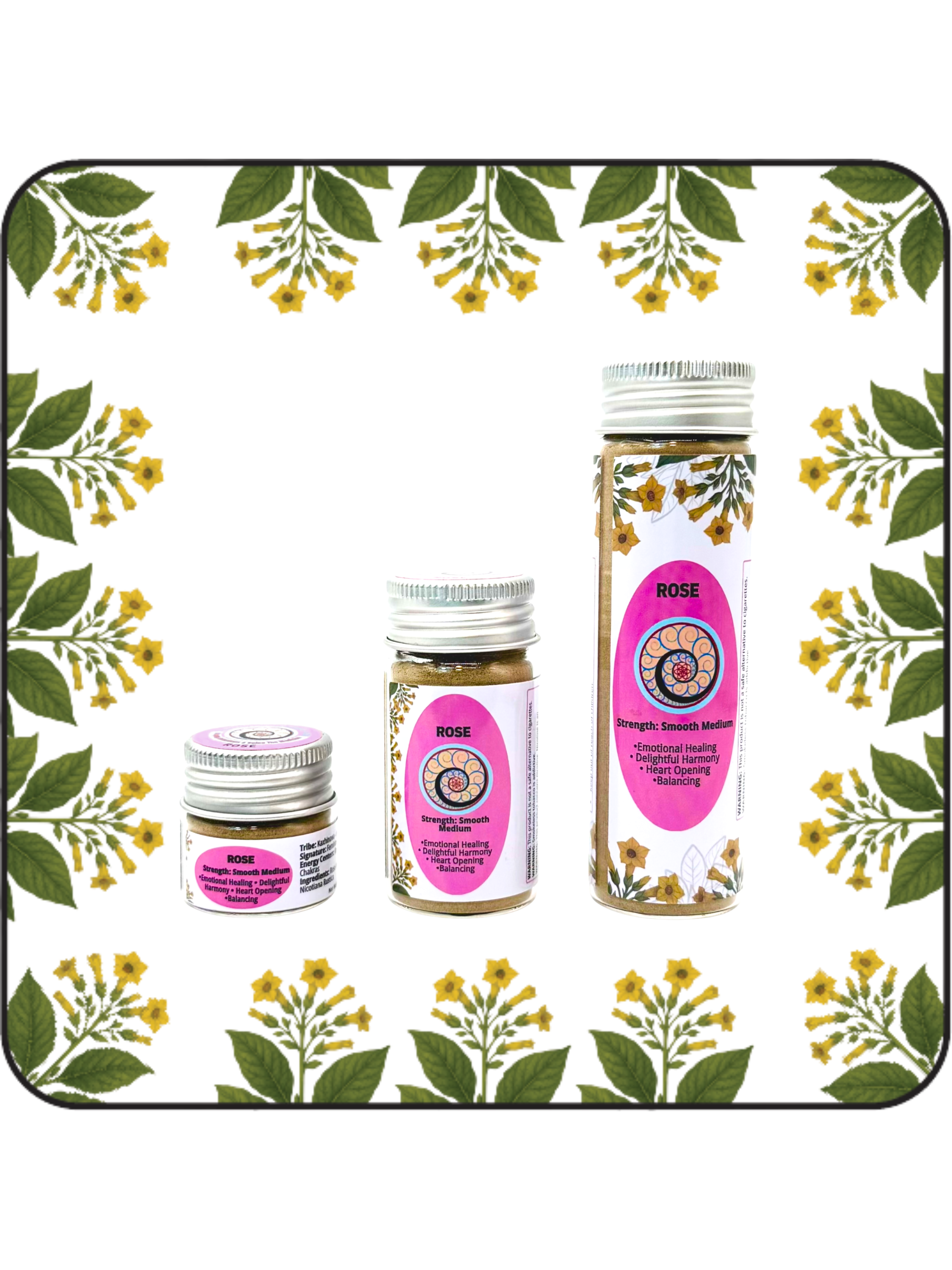 Three jars of Rose Hapé or Rapé in Small (6g), Medium (16g), and Large (32g) sizes a gentle, heart-opening blend handcrafted for love, healing, and emotional balance.