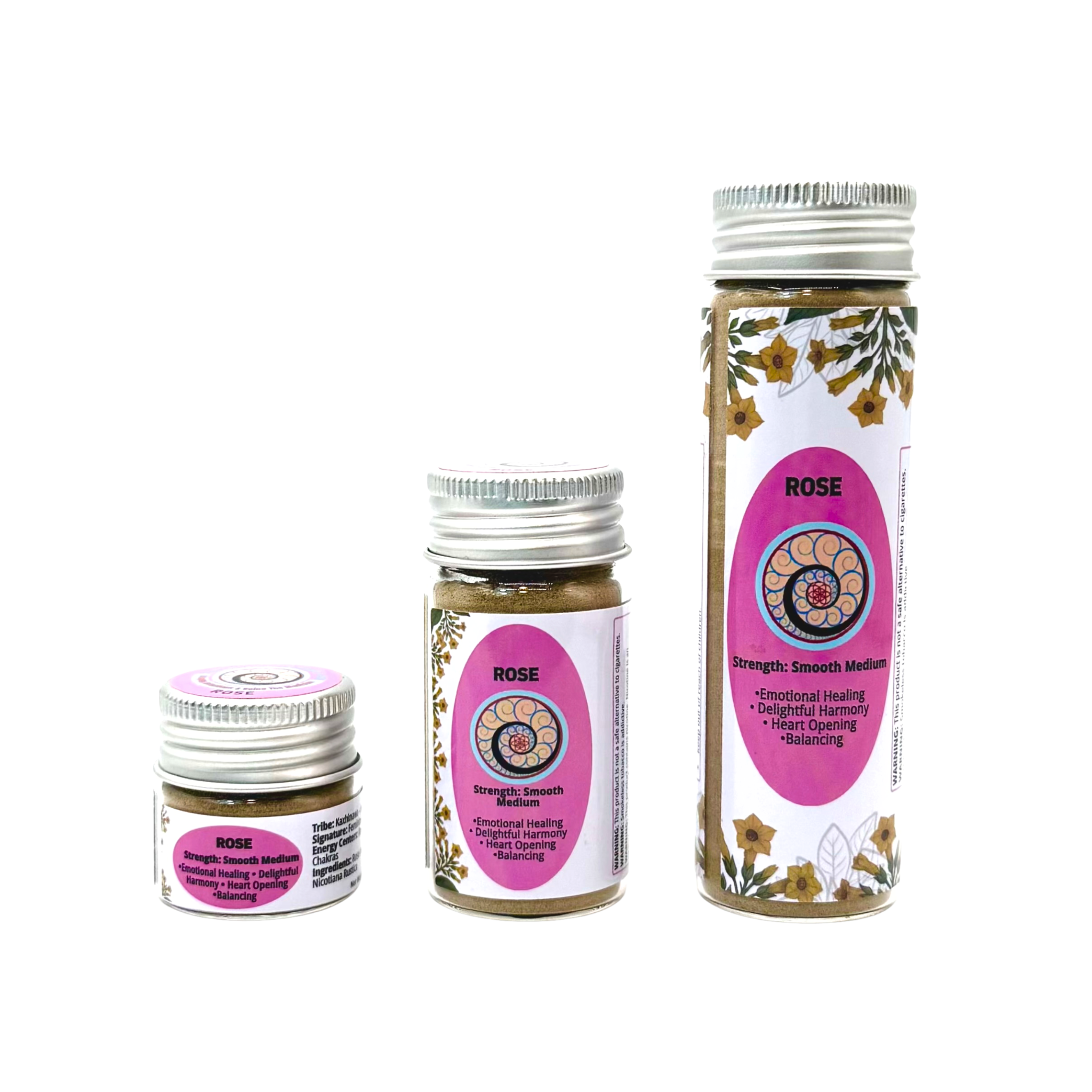 Three jars of Rose Hapé or Rapé in Small (6g), Medium (16g), and Large (32g) sizes a gentle, heart-opening blend handcrafted for love, healing, and emotional balance.