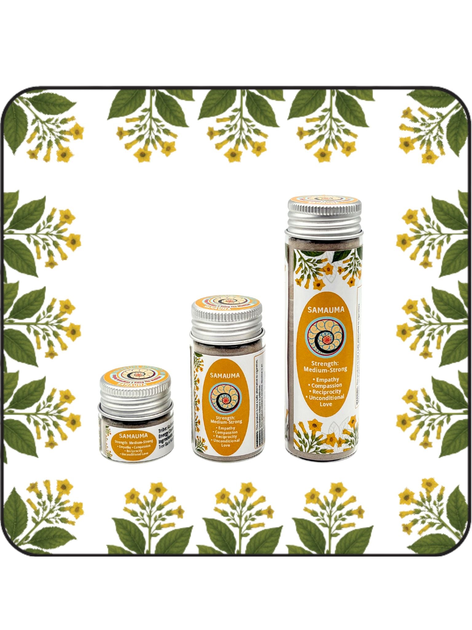 Three sizes of Samauma Hapé shown together: small jar, medium bottle, and large bottle on a white background with yellow flowering botanical border