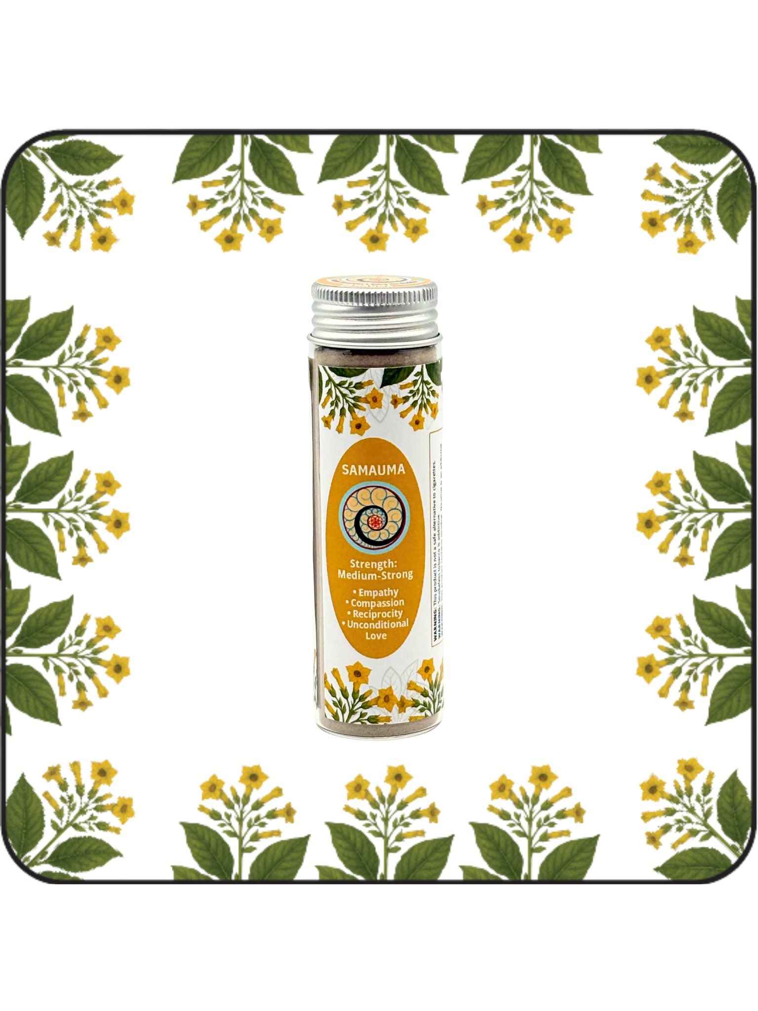 Samauma Hapé large bottle with golden label on a white background with yellow flowering botanical border