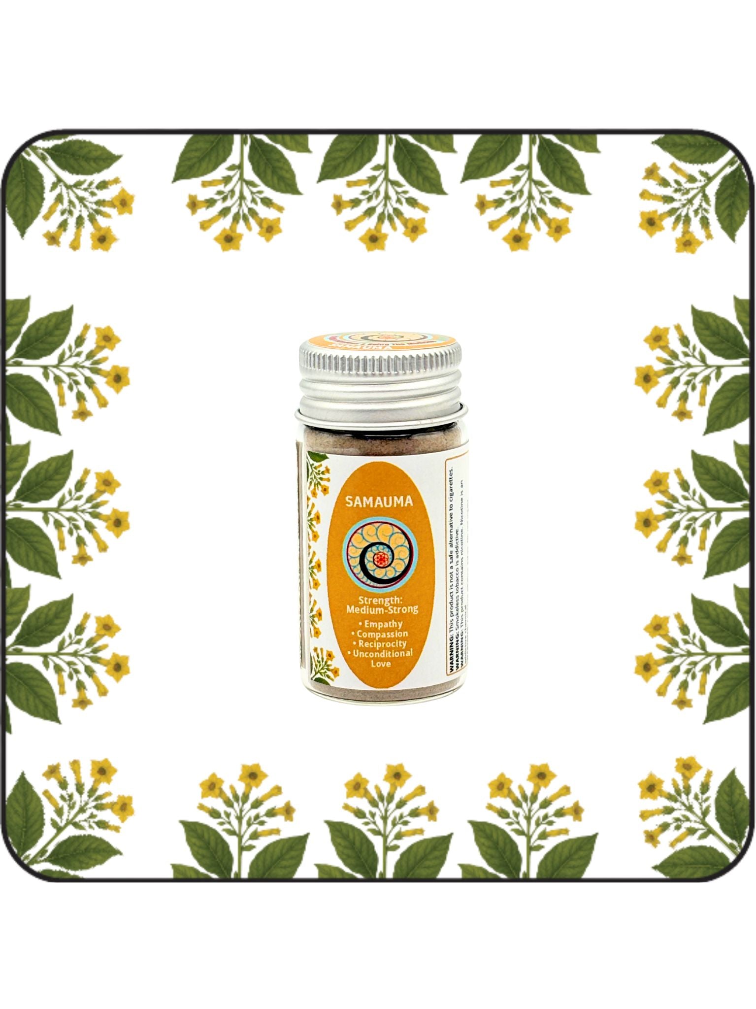Samauma Hapé medium jar with golden label on a white background with yellow flowering botanical border