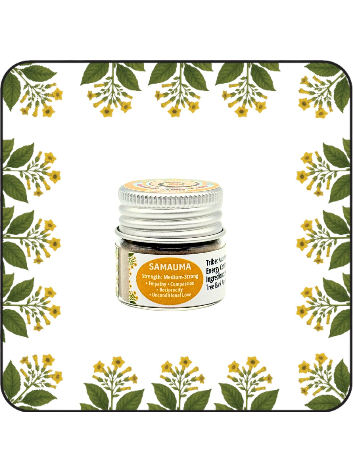 Samauma Hapé small jar with golden label on a white background with yellow flowering botanical border