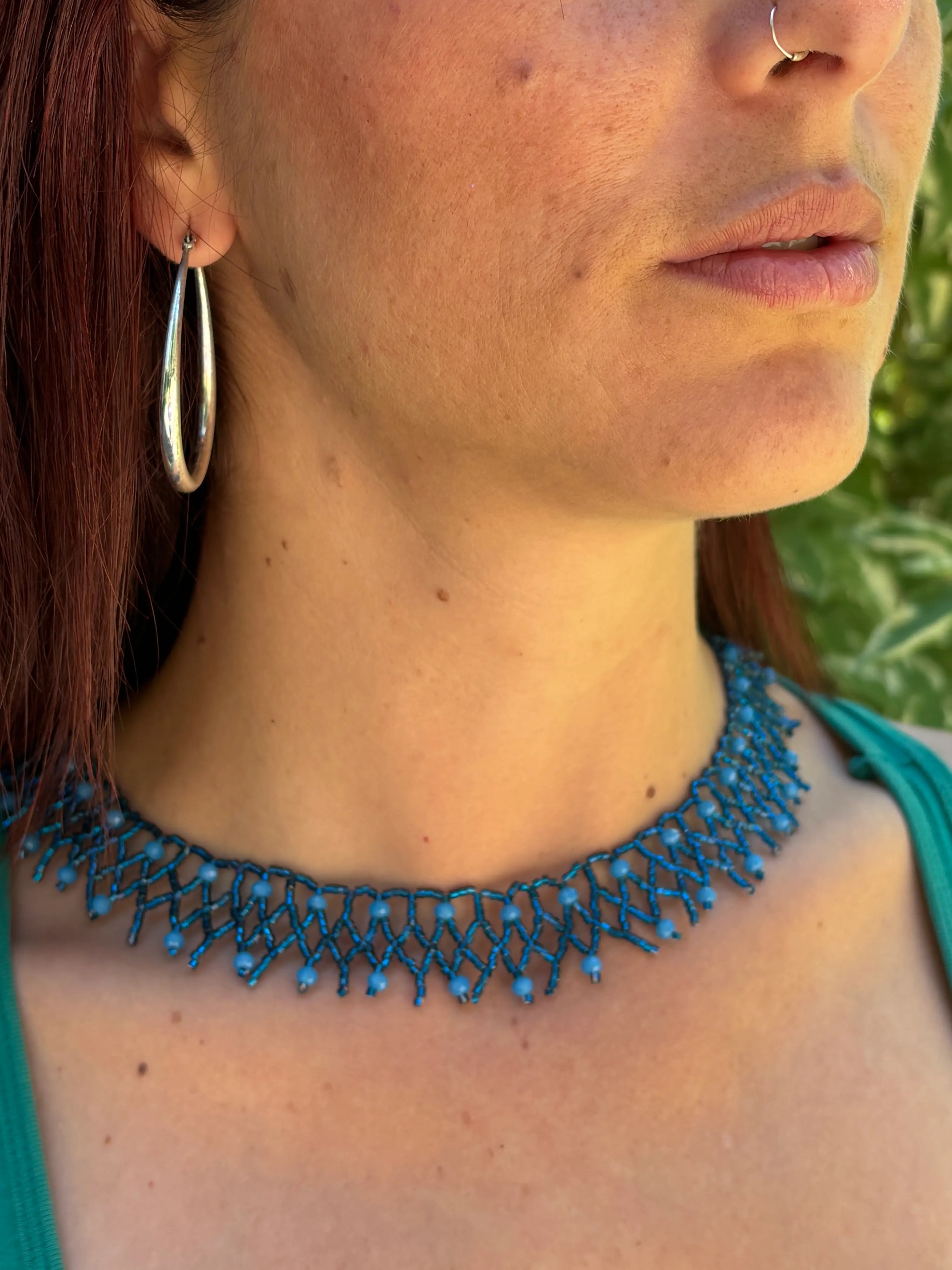 Santiago Collar Necklace in blue, handcrafted in Guatemala with Japanese Miyuki beadwork