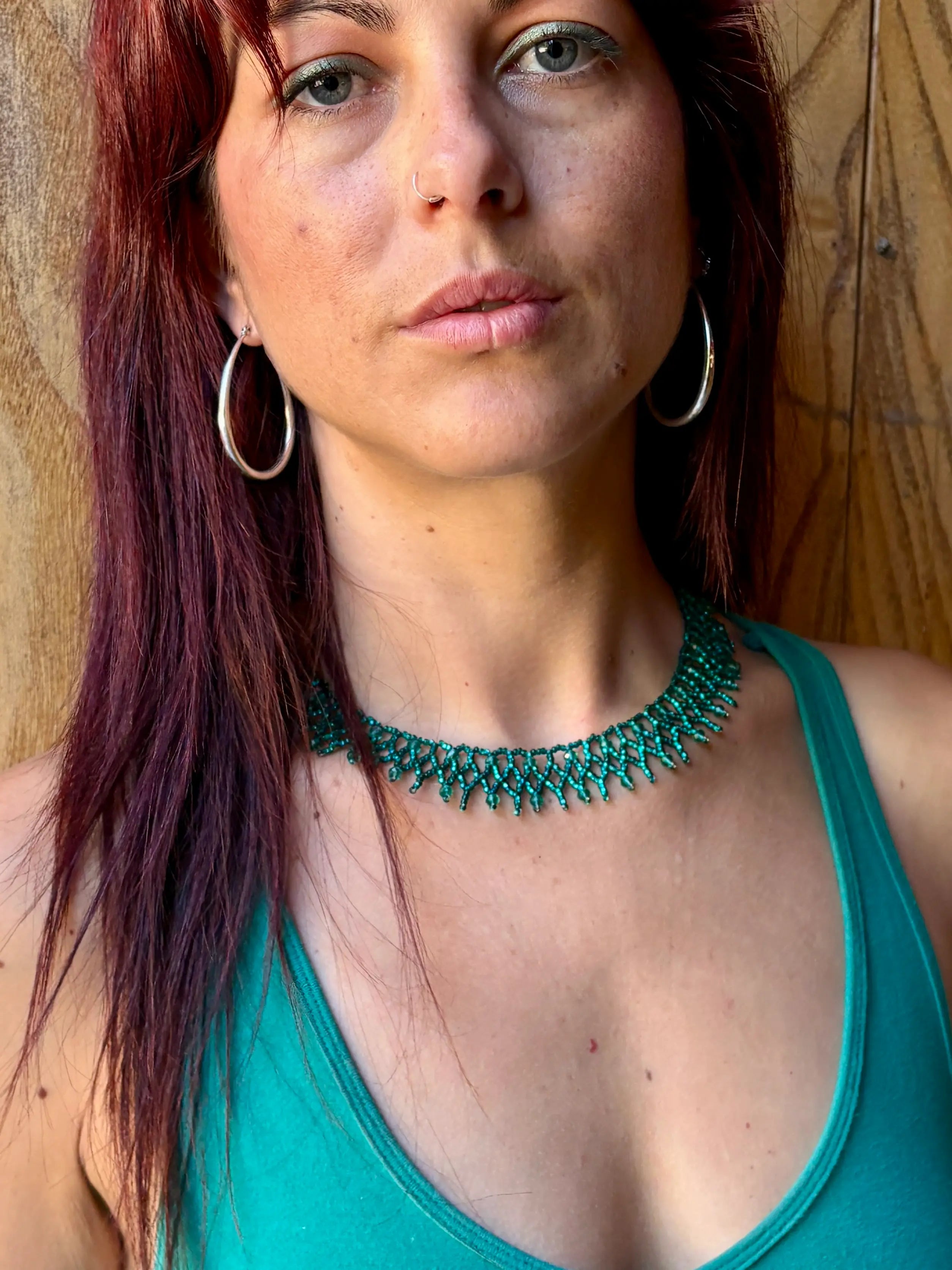 Model wearing Santiago Collar Necklace handcrafted in Guatemala with Japanese Miyuki beadwork