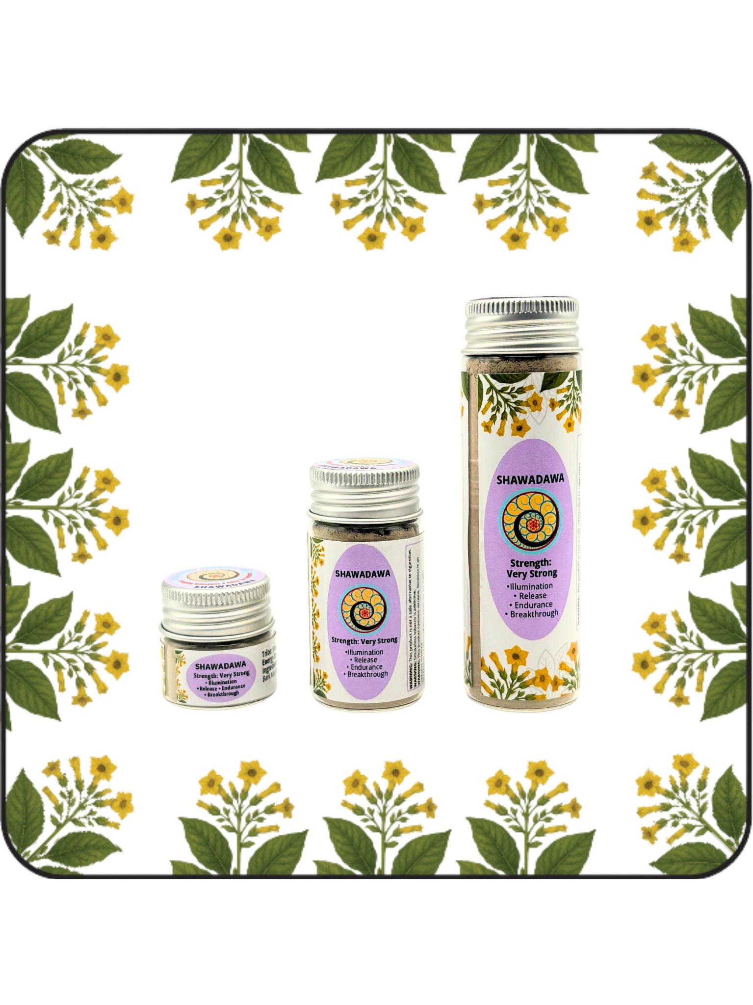 Three sizes of Shawadawa Hapé shown together: small jar, medium bottle, and large bottle on a white background with yellow flowering botanical border