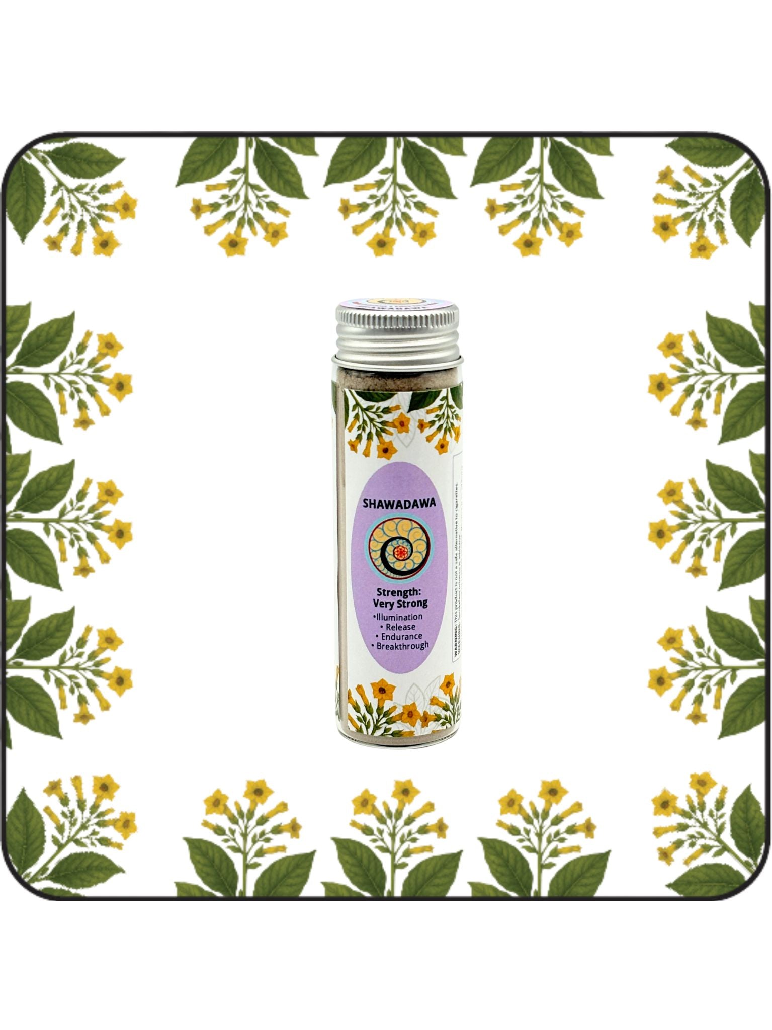 Shawadawa Hapé large bottle with lavender label on a white background with yellow flowering botanical border
