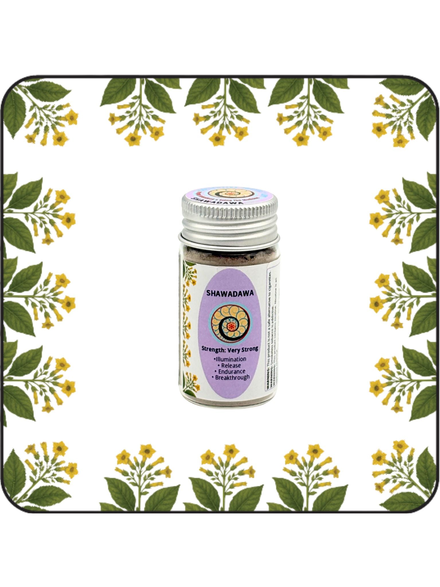 Shawadawa Hapé medium bottle with lavender label on a white background with yellow flowering botanical border