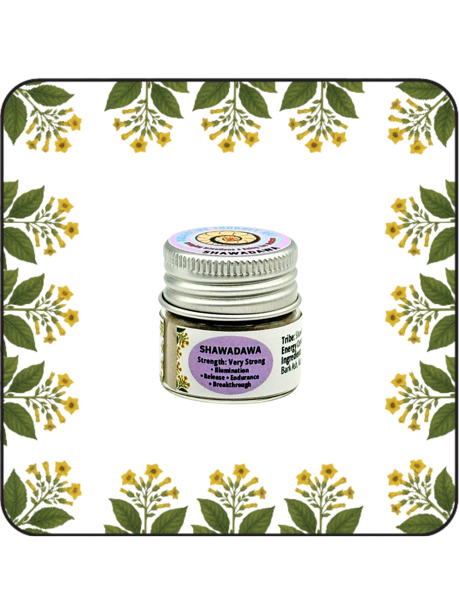 Shawadawa Hapé small jar with lavender label on a white background with yellow flowering botanical border