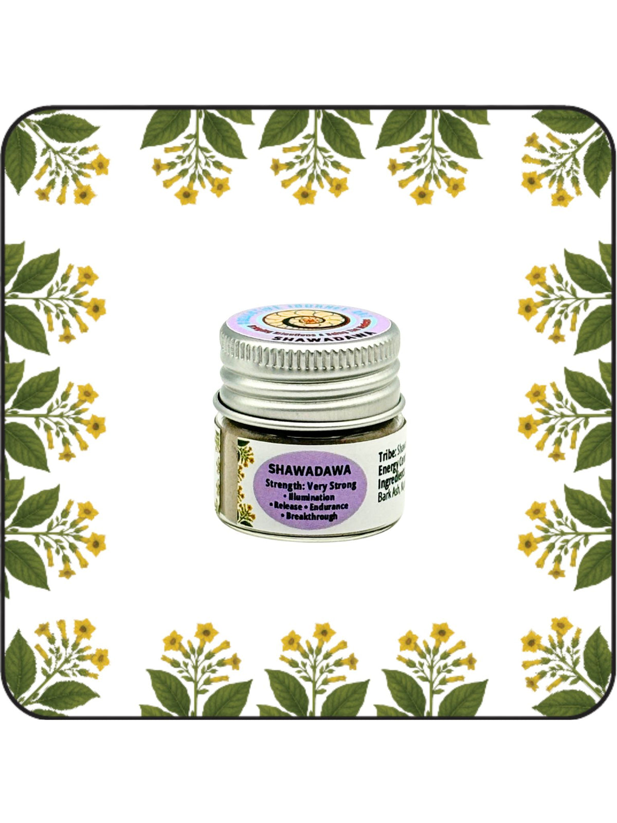 Shawadawa Hapé small jar with lavender label on a white background with yellow flowering botanical border