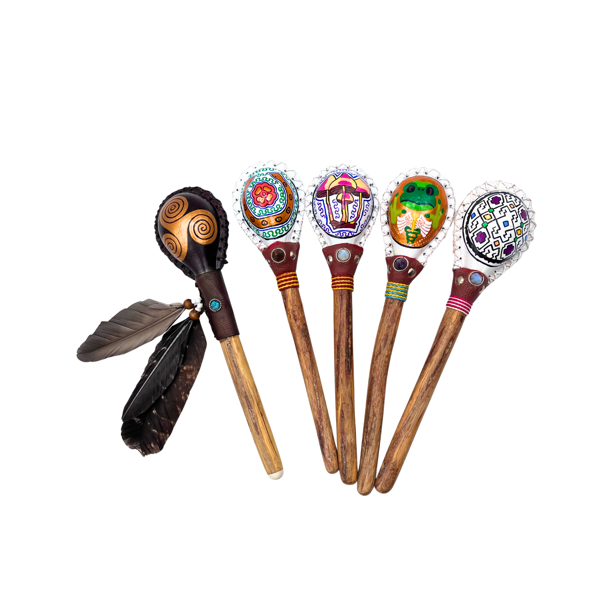 Handcrafted Shipibo maraca with leather top and carved ayahuasca vine handle,featuring painted totems of frog, serpent, icaros, and Celtic knot. Adorned with natural clay, gemstone inlay, and sacred Amazonian symbols, handmade by Indigenous artisans of Peru for ceremonial music, healing, and spiritual connection.