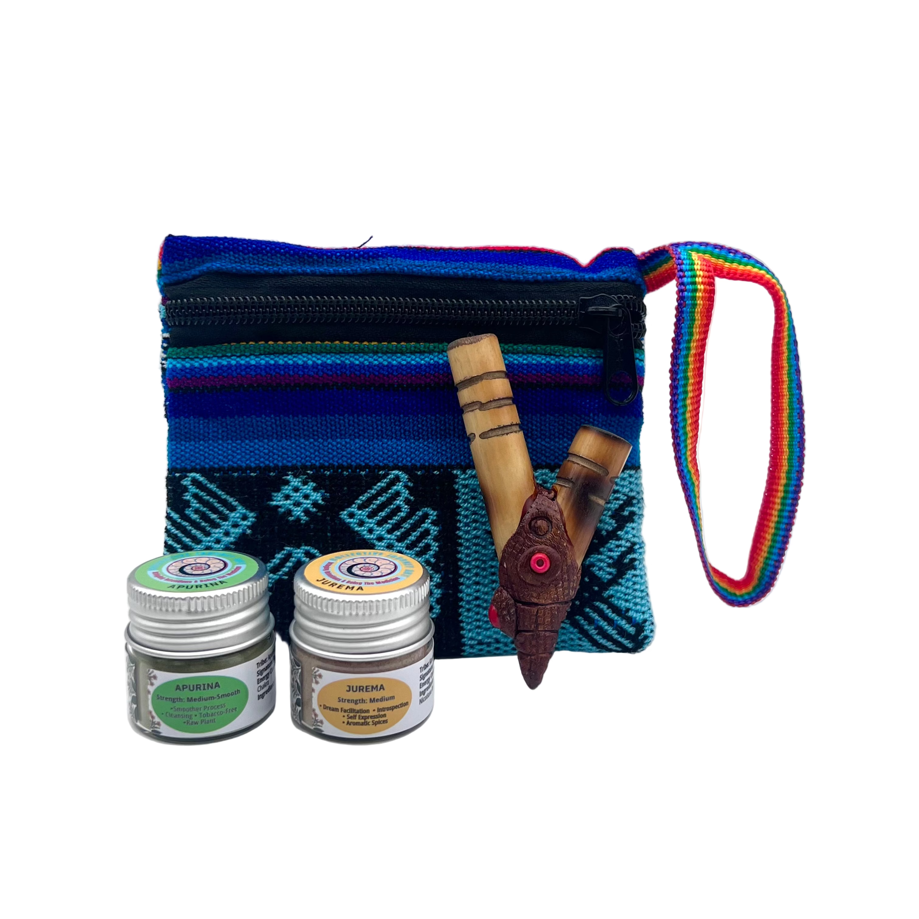 Small Hapé Bundle by Collective Journey Art — includes two small hapé jars (Apurina and Jurema) arranged with a handcrafted wooden kuripe and a blue-patterned woven artisan pouch featuring a rainbow strap, symbolizing gentle energy, introspection, and connection with forest medicine.