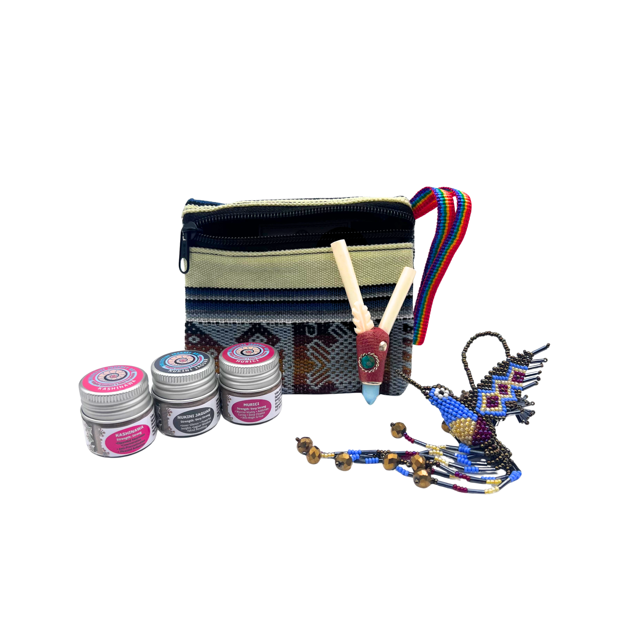 Small Hapé Bundle by Collective Journey Art — includes three small hapé jars (Kashinawa, Nukini Jaguar, and Murici) arranged with a handcrafted wooden kuripe, woven artisan pouch, and blue beaded hummingbird charm on a white background, representing sacred ceremony, balance, and connection with forest medicine.