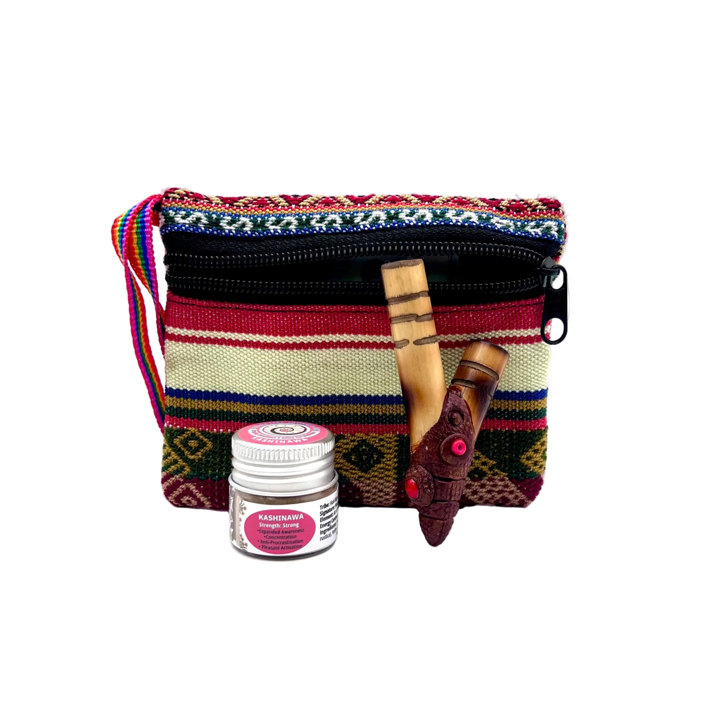 Small Hapé Bundle by Collective Journey Art — includes one small Kashinawa hapé jar with a handcrafted wooden kuripe and a red-and-green woven artisan pouch featuring a rainbow strap on a white background, symbolizing grounding, clarity, and sacred ceremony