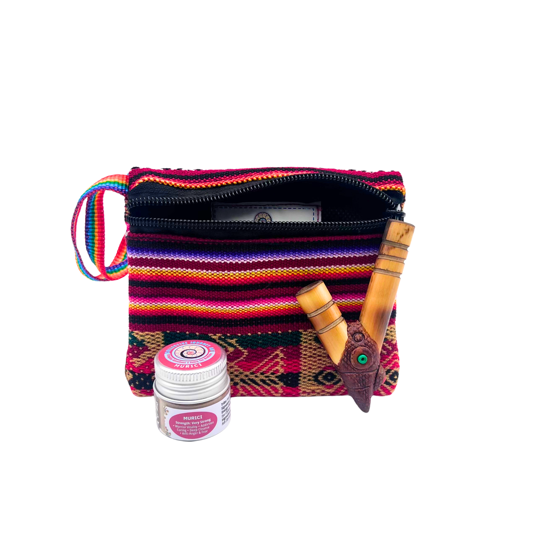 Small Hapé Bundle by Collective Journey Art — includes one small Murici hapé jar with a handcrafted bamboo kuripe and a red-striped woven artisan pouch with rainbow handle, symbolizing grounding, heart balance, and sacred connection.