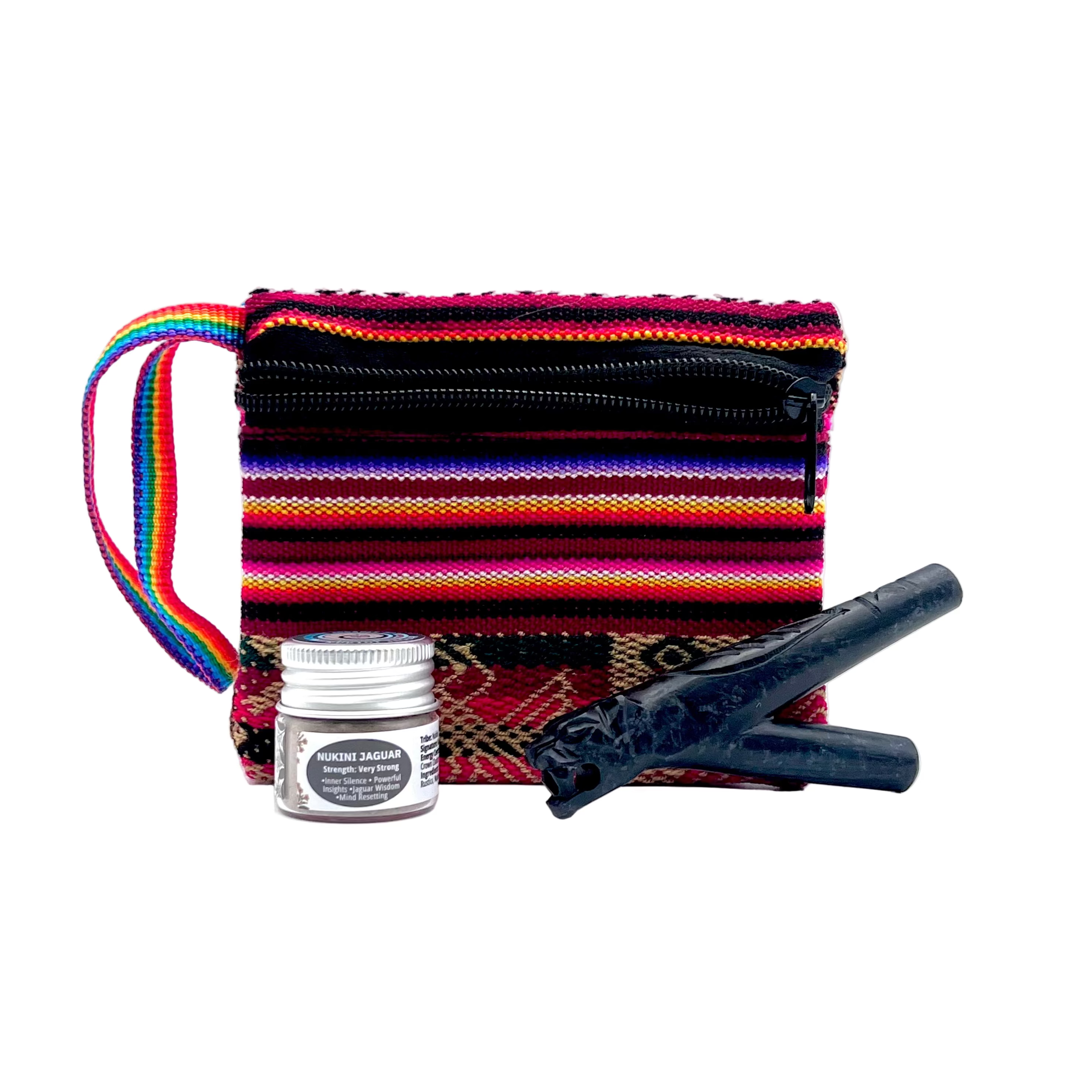 Small Hapé Bundle by Collective Journey Art — includes one small Nukini Jaguar hapé jar with a handcrafted dark wooden kuripe and a vibrant woven artisan pouch featuring rainbow-striped patterns on a white background, symbolizing strength, grounding, and ceremonial power