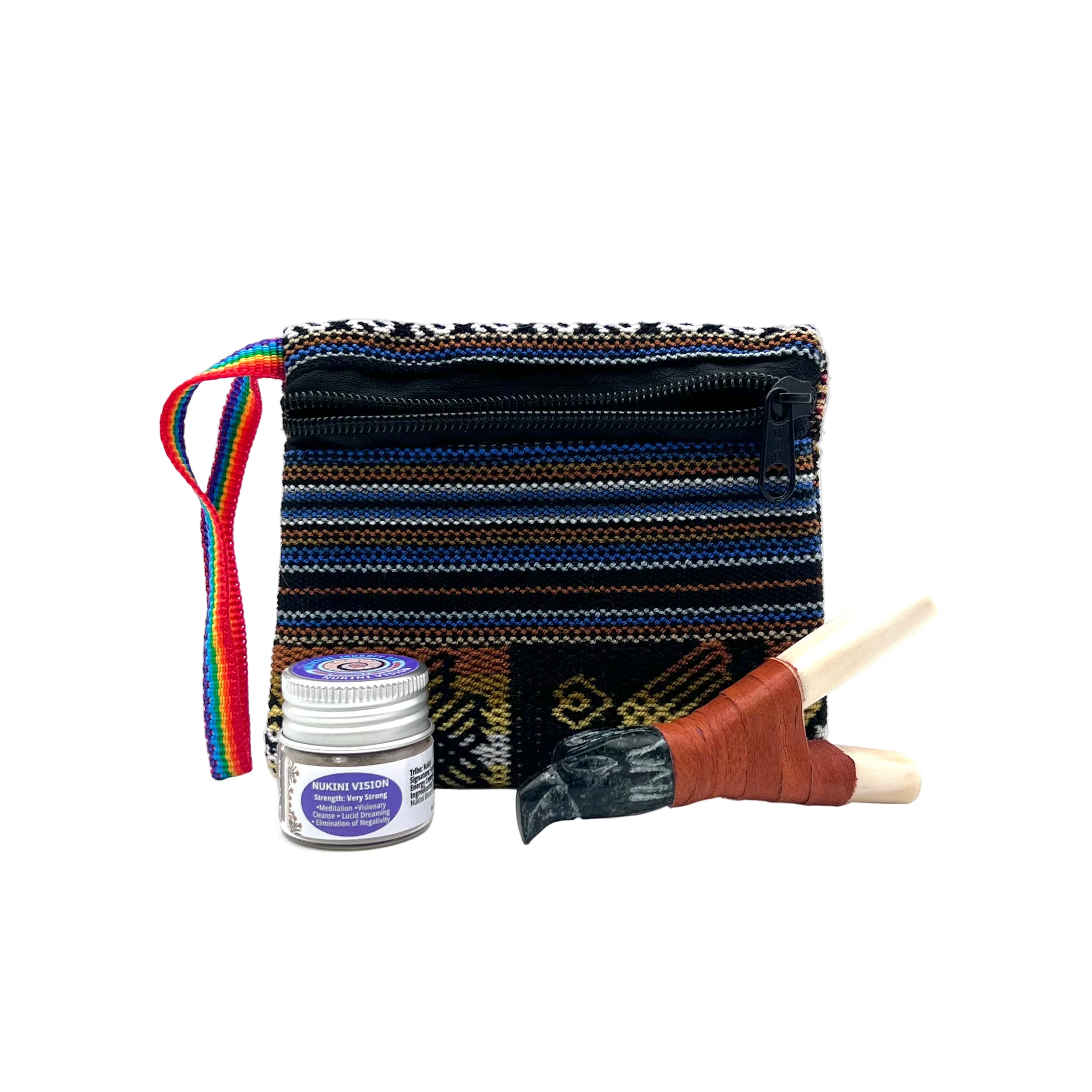Small Hapé Bundle by Collective Journey Art — includes one small Nukini Vision hapé jar with a handcrafted wooden kuripe wrapped in leather and a blue-patterned woven artisan pouch with rainbow strap on a white background, symbolizing clarity, meditation, and visionary connection.