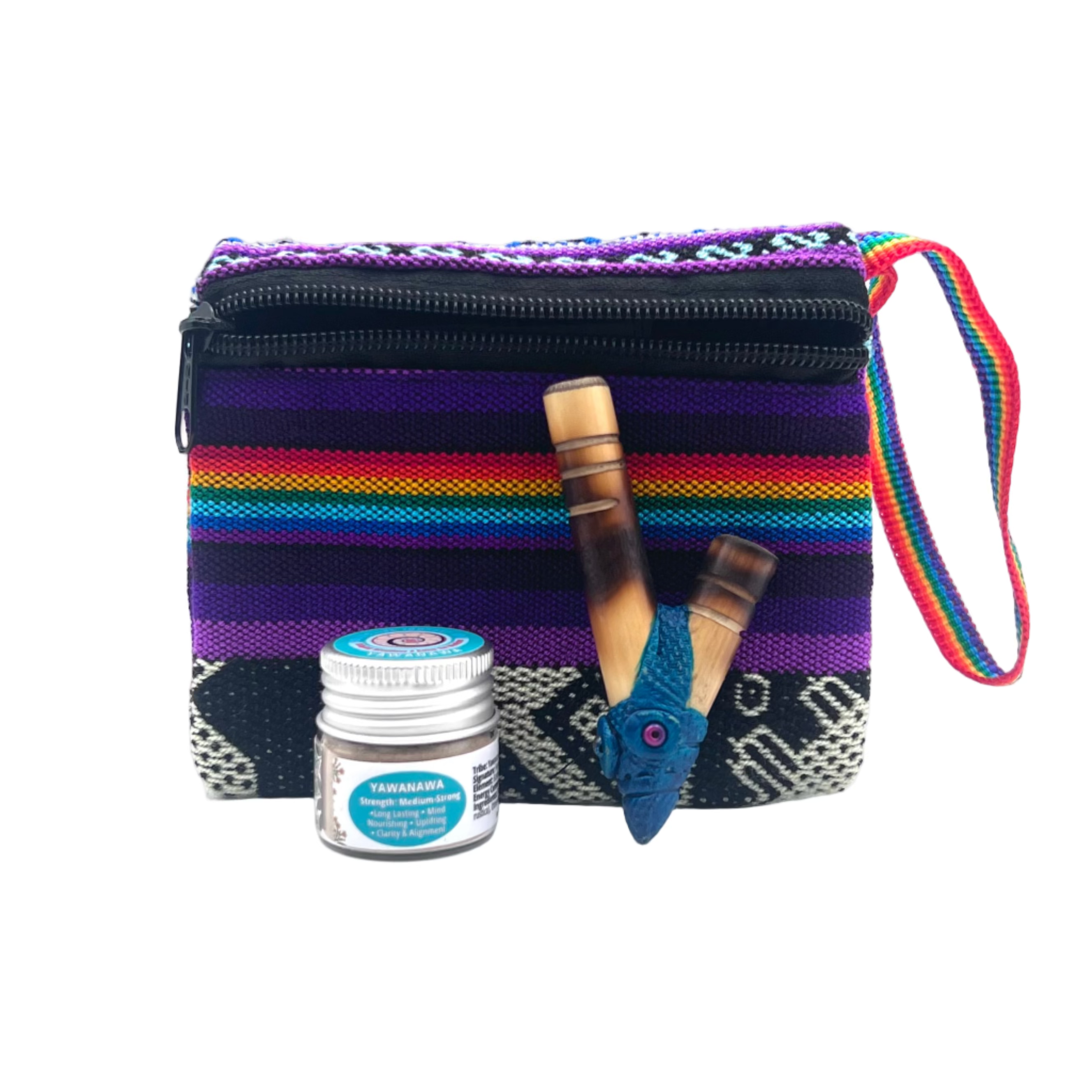 Small Hapé Bundle by Collective Journey Art — includes one small Yawanawa hapé jar with a handcrafted wooden kuripe wrapped in blue leather and a purple woven artisan pouch with rainbow strap on a white background, symbolizing clarity, alignment, and spiritual nourishment.
