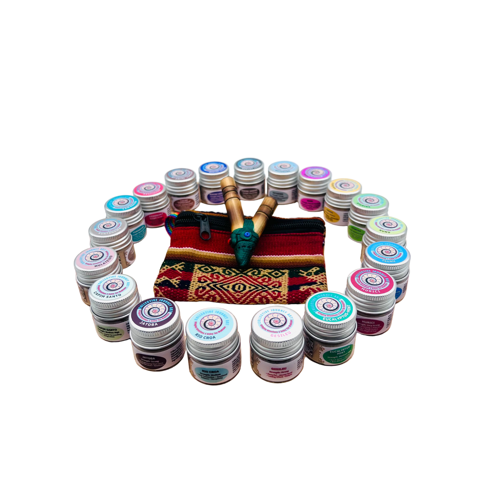 Small Hapé Kit by Collective Journey Art — features all Amazonian hapé blends arranged in a ceremonial circle around a woven artisan pouch and handcrafted kuripe on a white background, representing sacred unity, prayer, and connection to ancestral medicine.