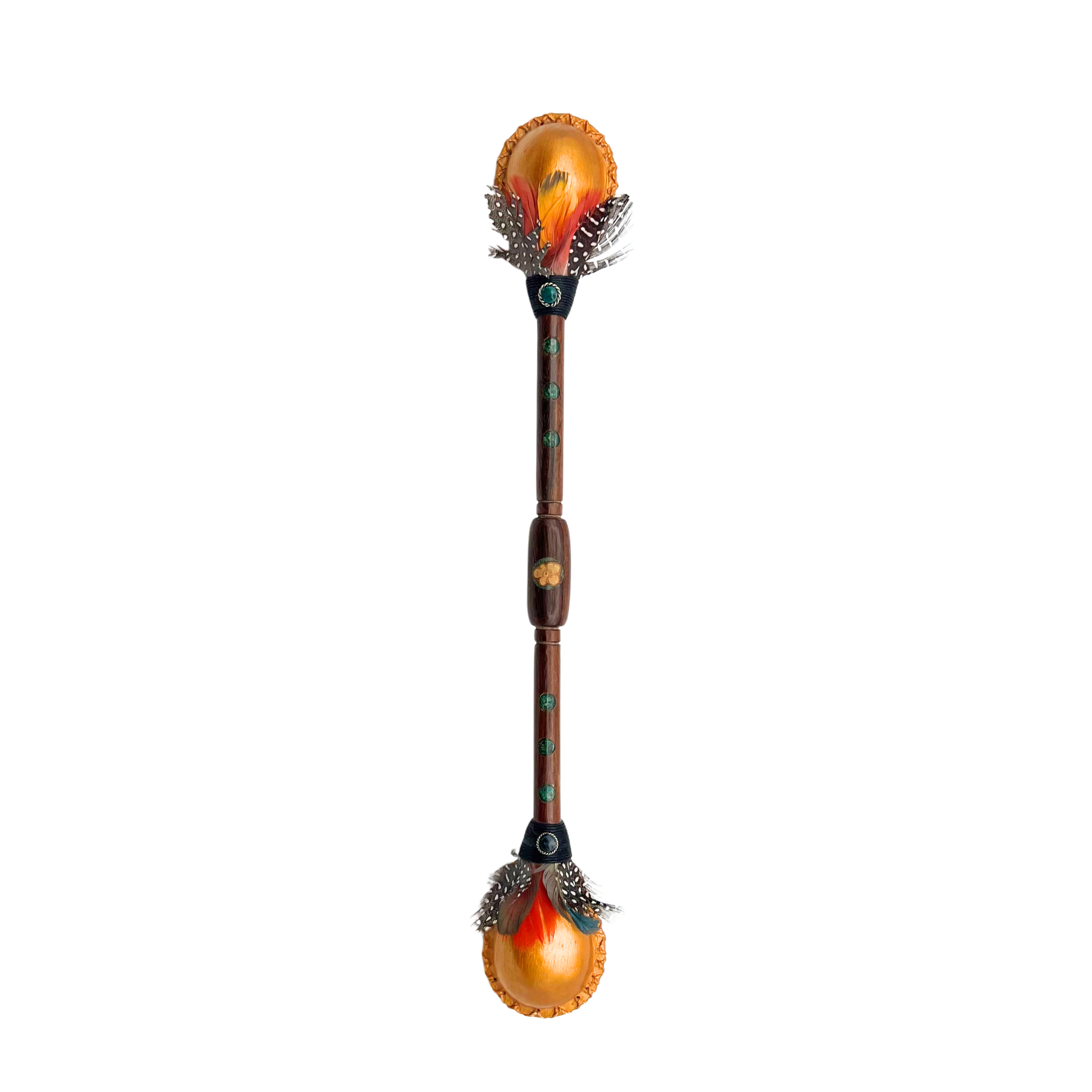 Handcrafted Spirit of Both Directions Swing Shaker made from recycled black wood of the Amazon with dual leather shaker ends, inlaid jade, and chrysocolla gemstones. Finished with Guacamayo feathers, this ceremonial instrument from Peru embodies harmony, clarity, and balance through sound and movement.