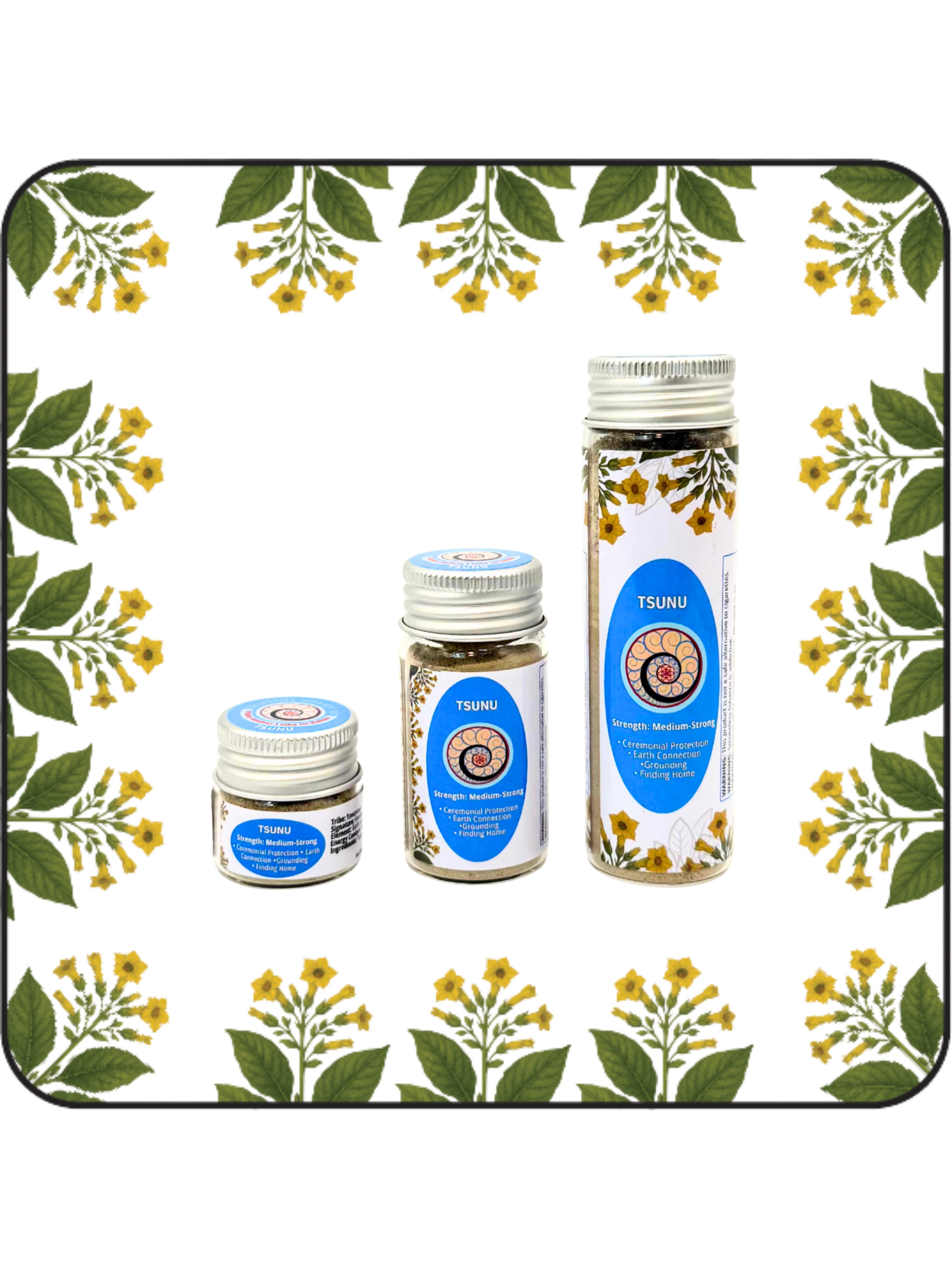 Three sizes of Hapé TSUNU rapé bottles; sacred Amazonian hapé in Small (6g), Medium (16g), and Large (32g) sizes.