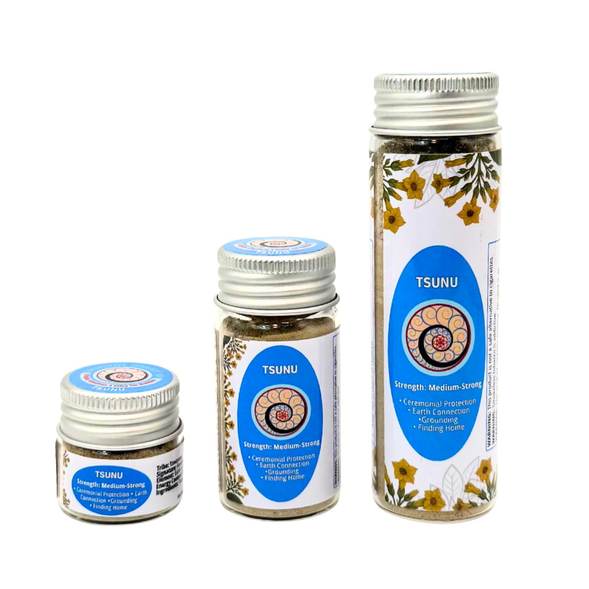 Three sizes of Hapé TSUNU rapé bottles; sacred Amazonian hapé in Small (6g), Medium (16g), and Large (32g) sizes.