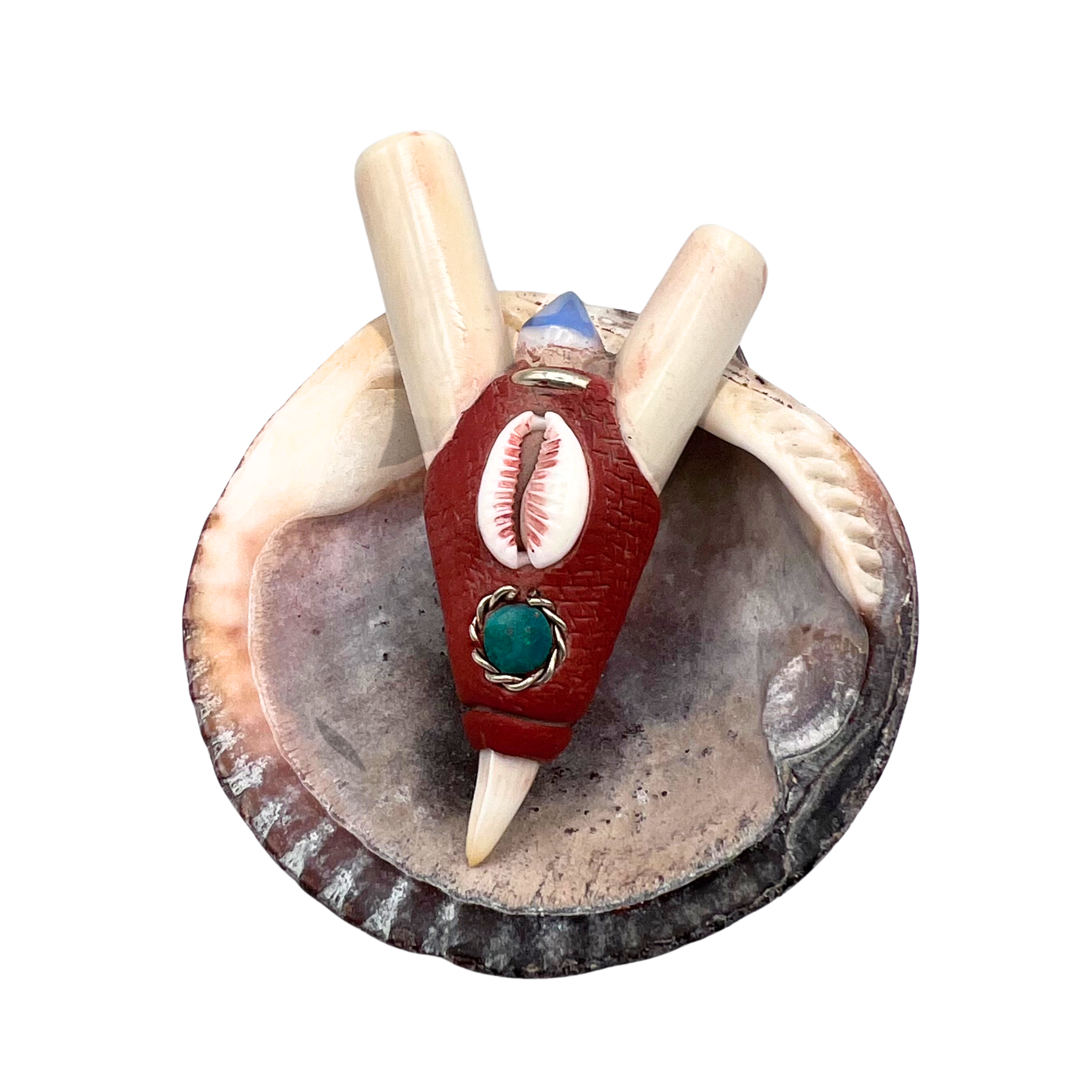 Handcrafted White Bird Kuripe made from bone with Amethyst, Moonstone, and Tiger’s Eye stones self-applicators for Hapé medicine