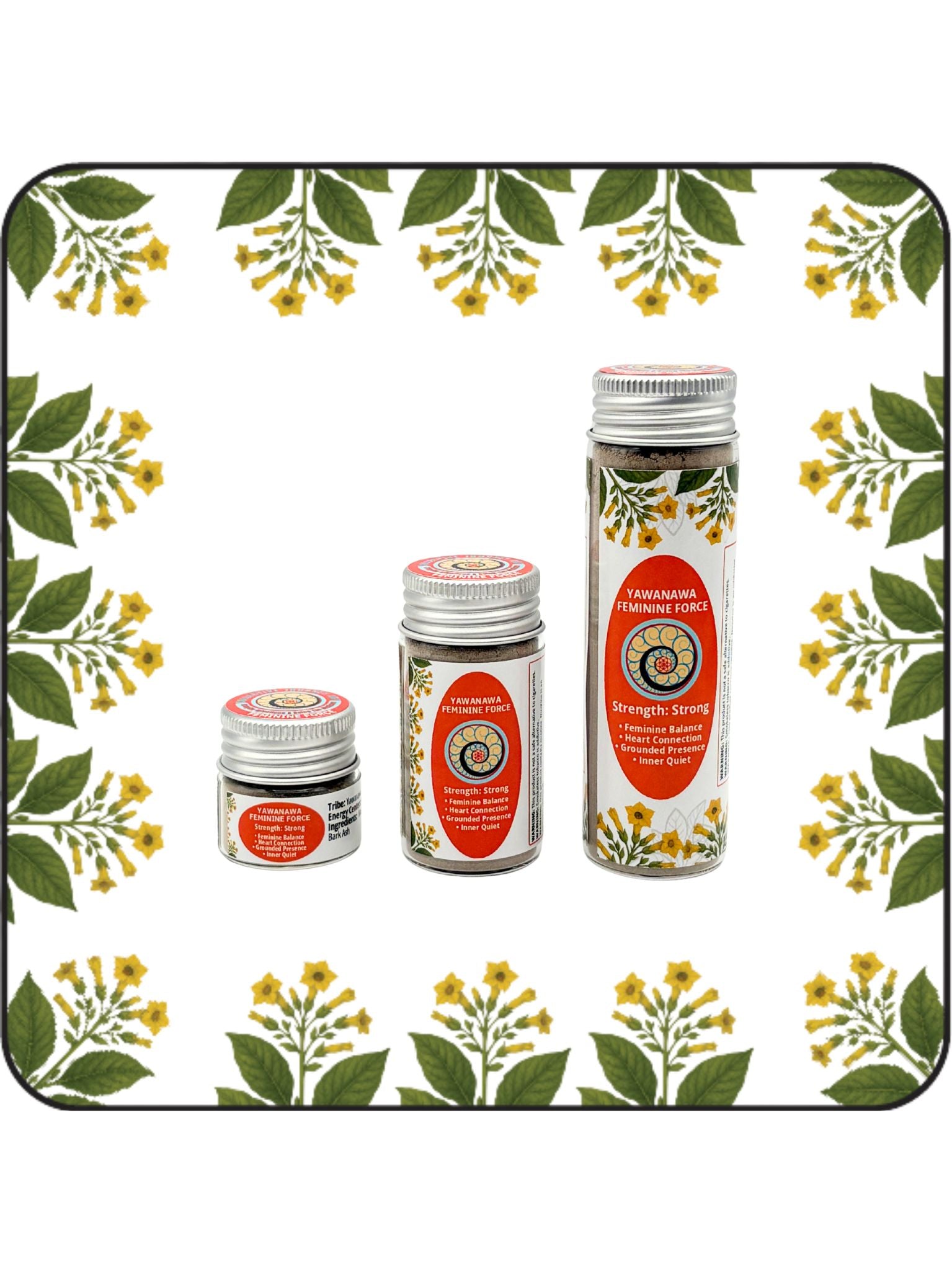 Three sizes of Yawanawa Feminine Force Hapé shown together: small jar, medium bottle, and large bottle on a white background with yellow flowering botanical border