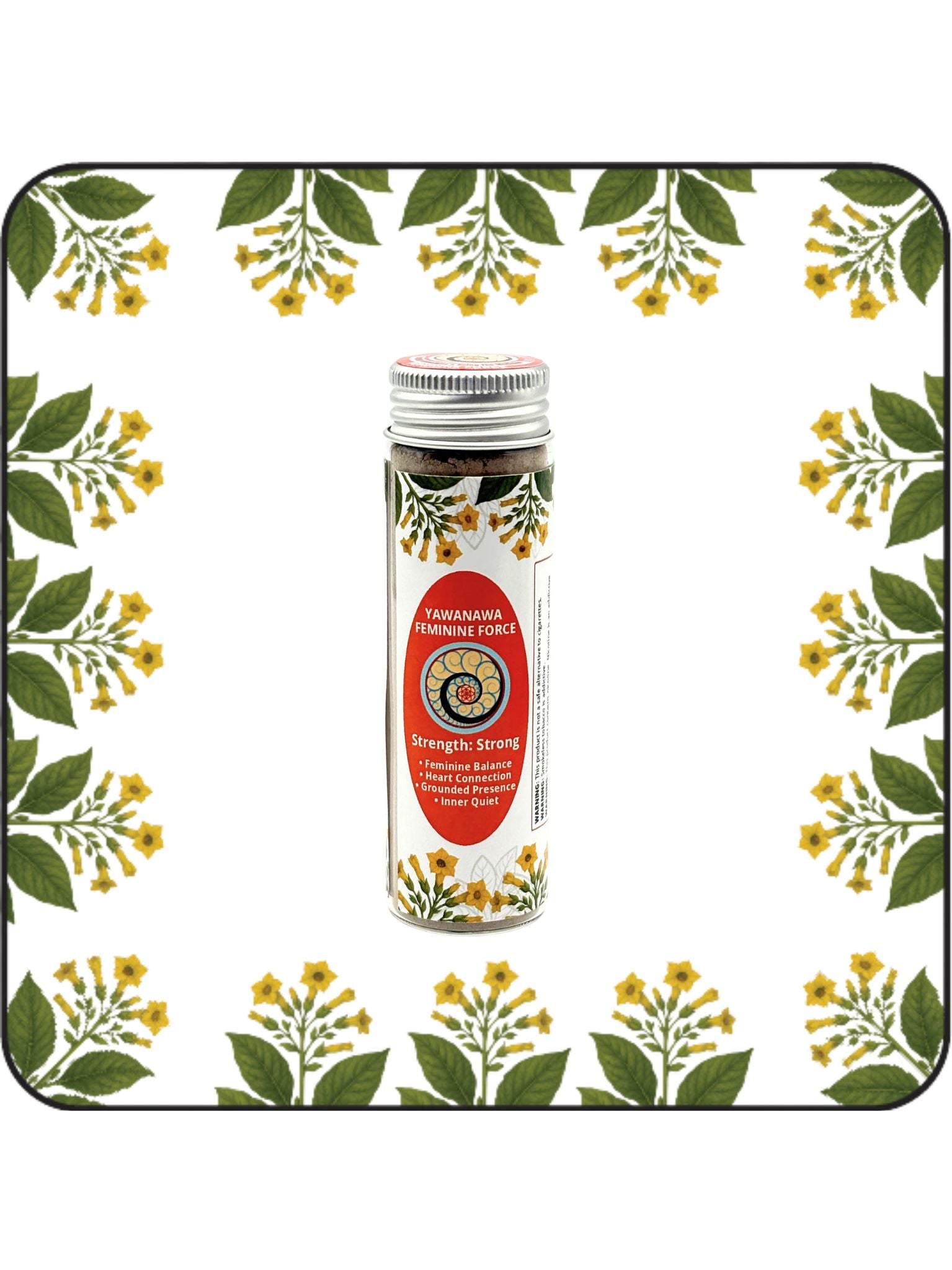 Yawanawa Feminine Force Hapé large bottle on a white background with yellow flowering botanical border